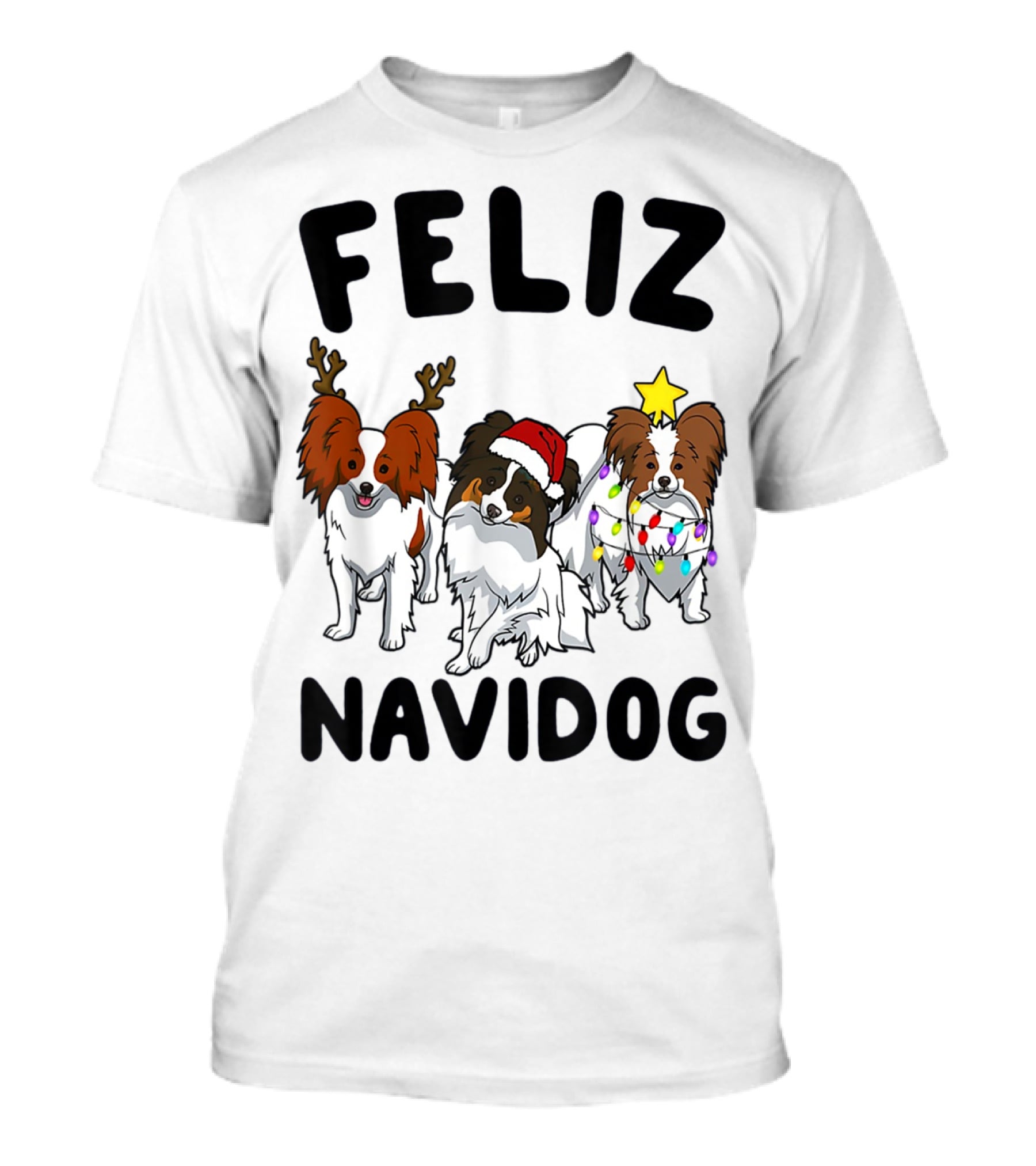 Feliz Navidog Funny Papillon Reindeer Santa Hat Christmas Lights T-Shirt