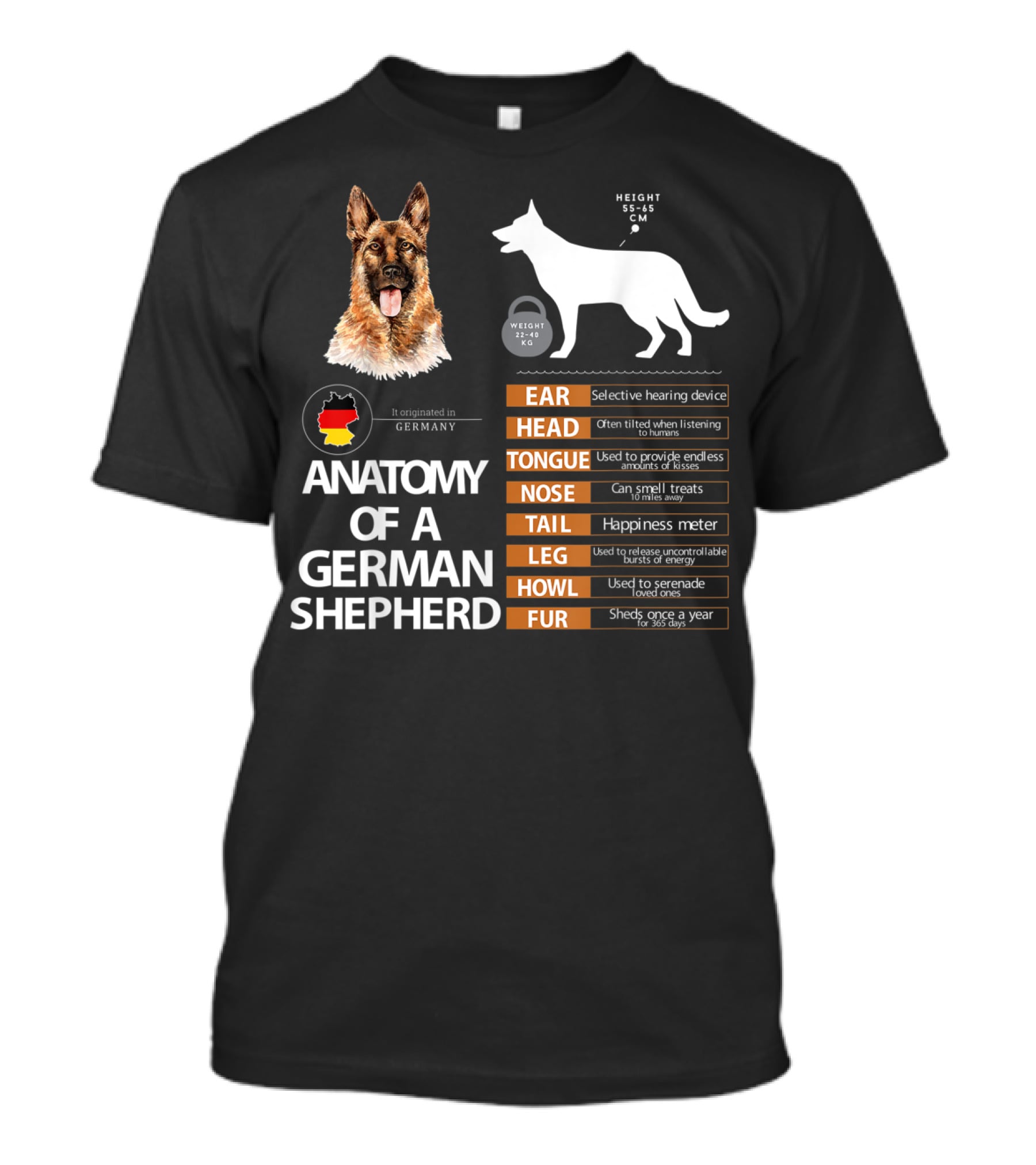 Anatomy Of A German Shepherd Ear Head Tongue Nose Tail Leg Howl Fur T-Shirt