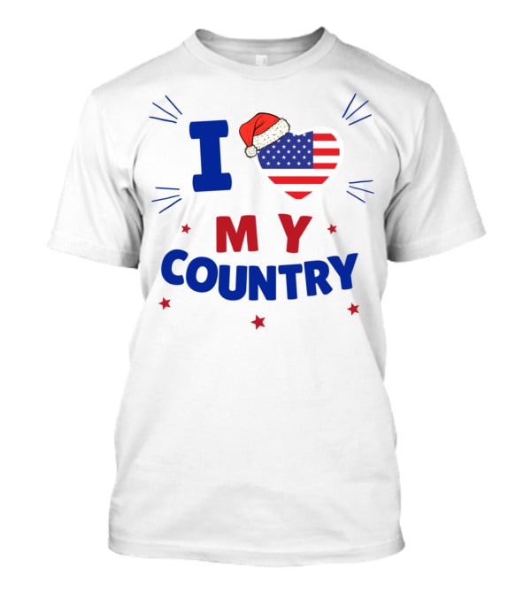 I Love My Country Heart Flag Santa Hat Patriotic Merry Christmas T-Shirt