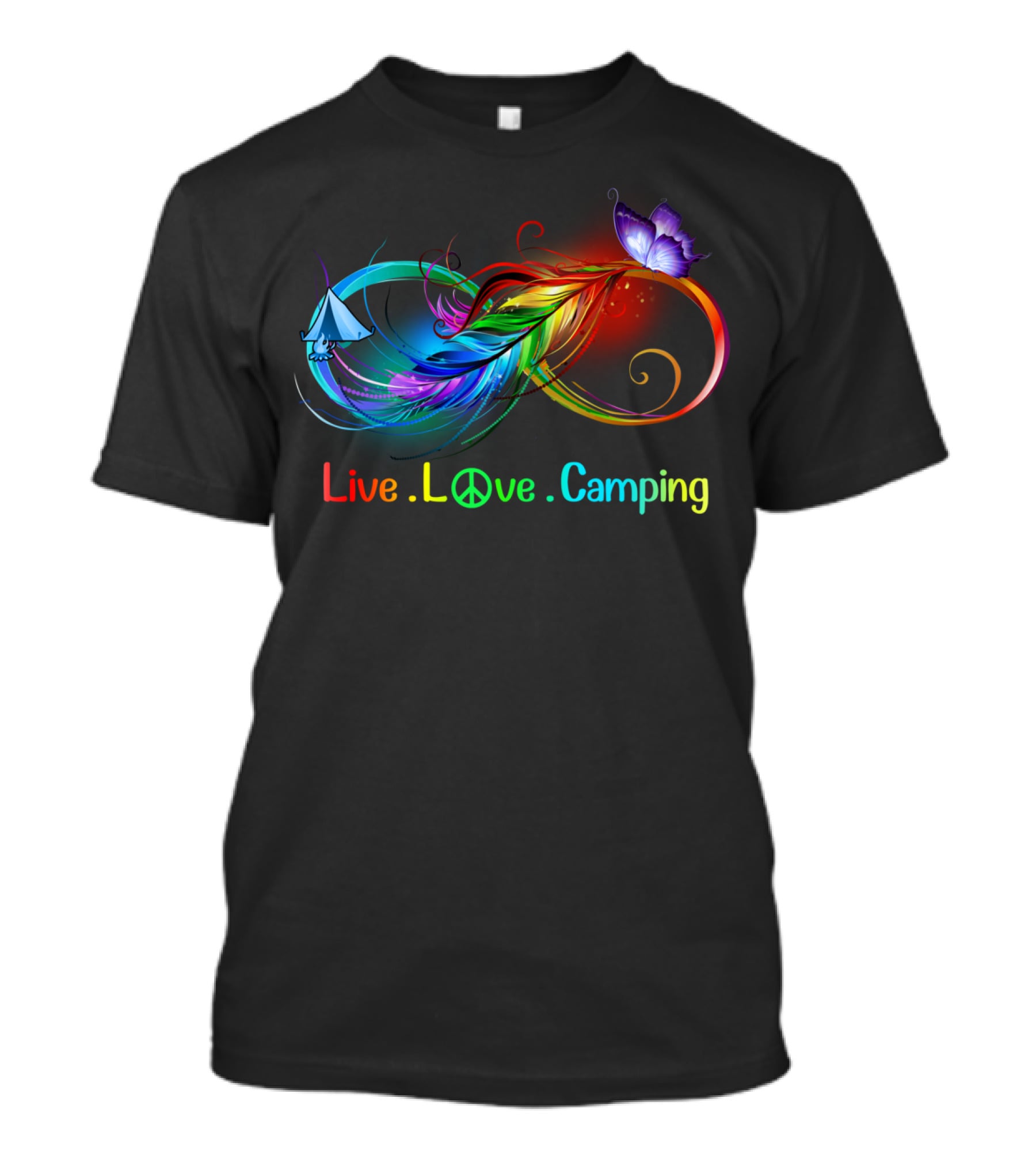Live Love Camping Hippie Peace Infinity Rainbow Feather Tent Butterfly T-Shirt