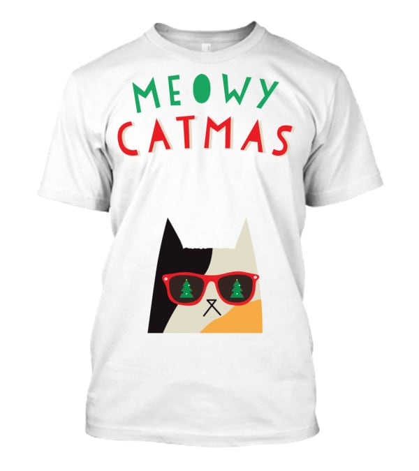 Meowy Catmas Christmas Calico Cat With Sunglasses And Trees T-Shirt