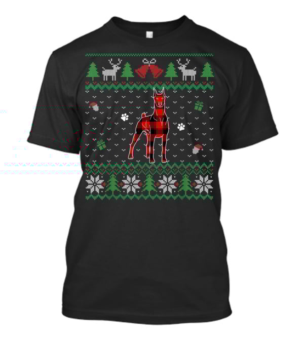 Red Plaid Doberman Dog Ugly Christmas T-Shirt