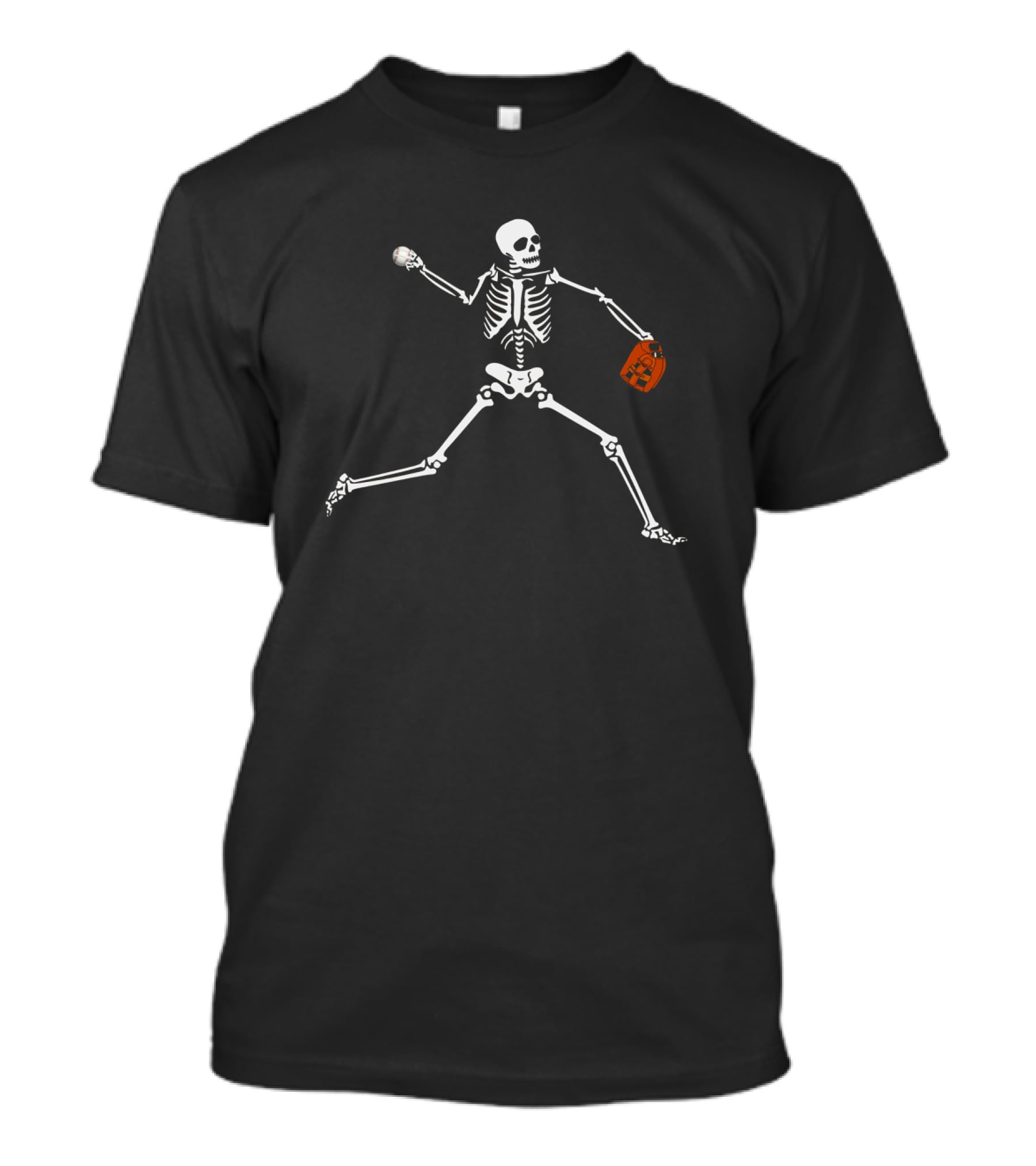 Skeleton Pitcher Halloween Baseball Player With Pumpkin Candy Bag T-Shirt
