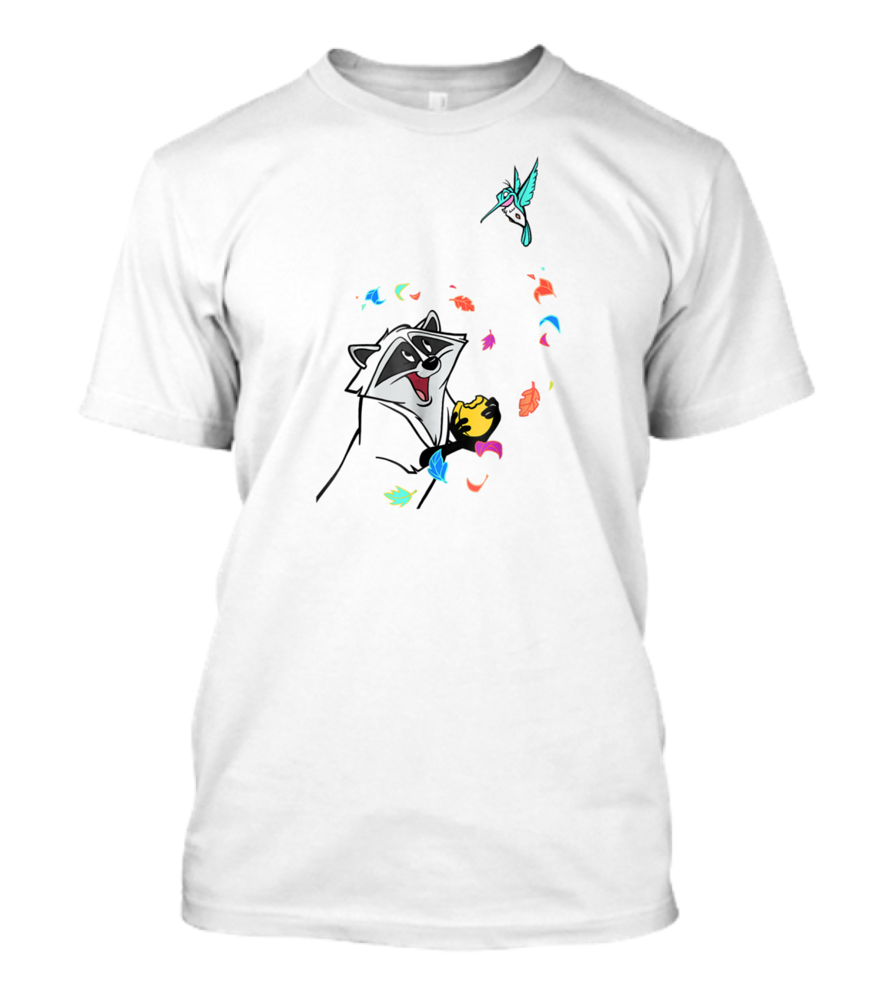 Disney Pocahontas Meeko Flit Colorful Leaves Fall Playful Autumn Scene T-Shirt