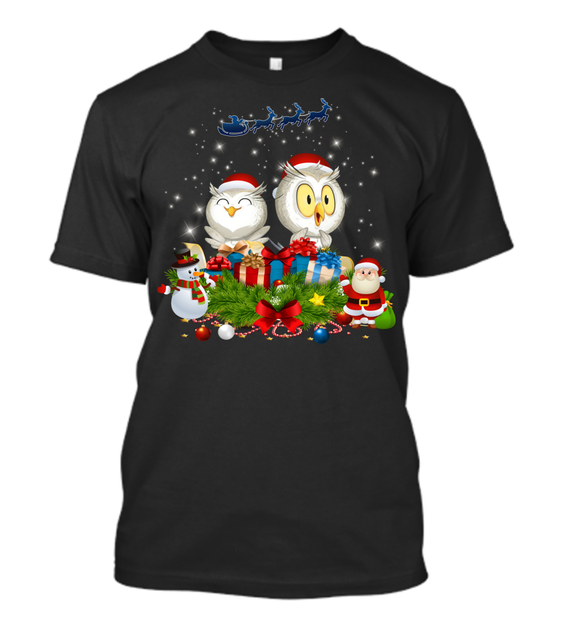 Waiting For Santa Owls With Gifts And Snowman Scene T-Shirt