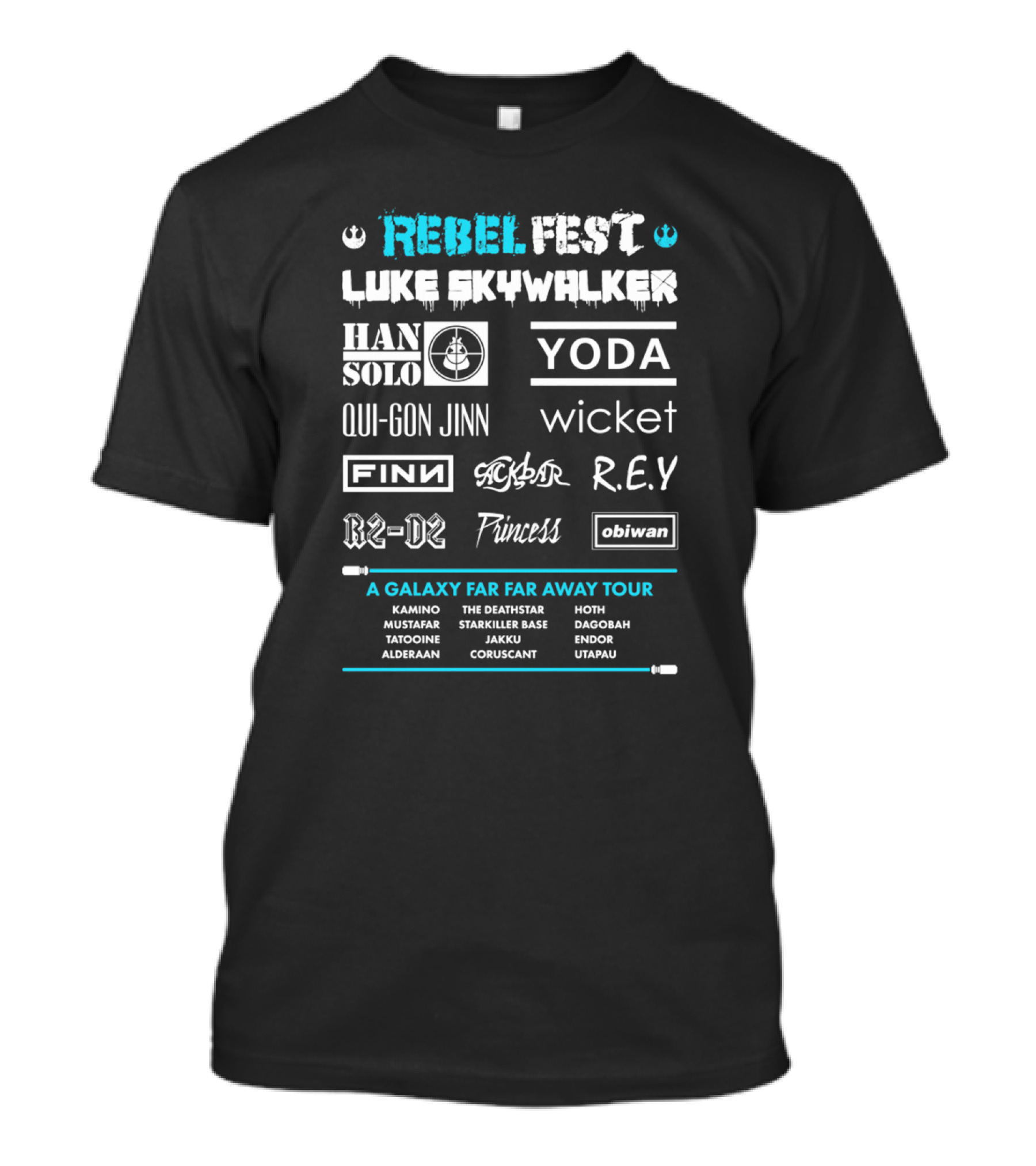 Rebel Fest Luke Skywalker Han Solo Yoda Qui-Gon Jinn Finn R2-D2 A Galaxy Far Far Away Tour T-Shirt