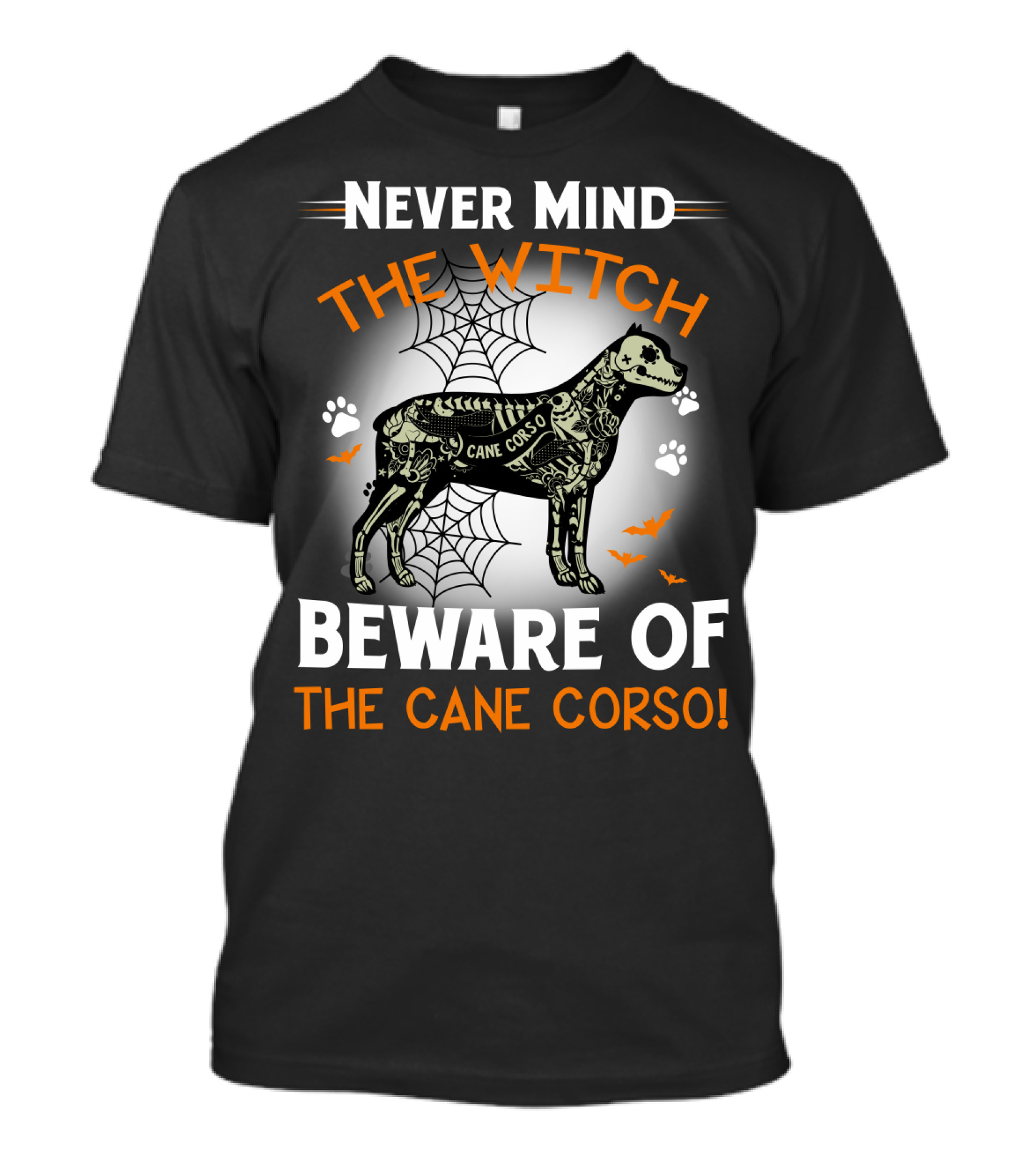 Never Mind The Witch Beware Of The Cane Corso Halloween Dog Spiderwebs Bats Paw Prints T-Shirt