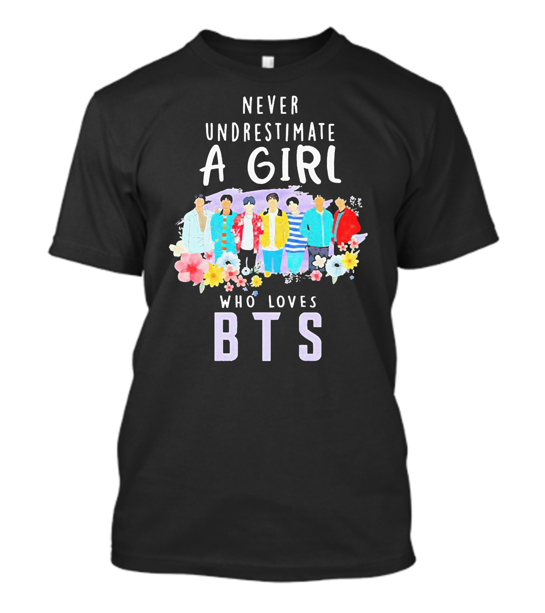 Never Underestimate A Girl Who Loves BTS Floral Watercolor Band T-Shirt