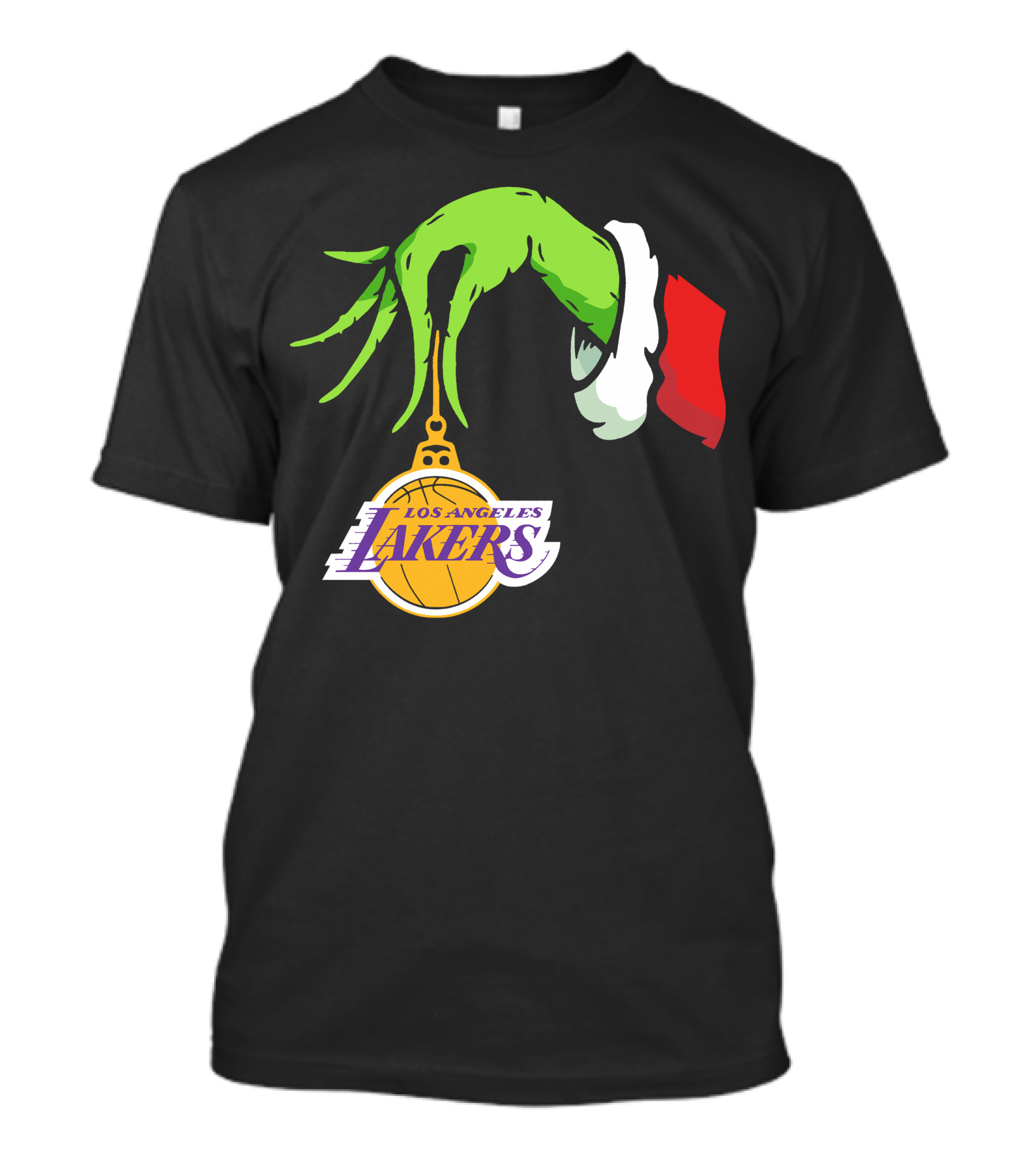 Grinch Hand With Santa Sleeve Holding Los Angeles Lakers T-Shirt