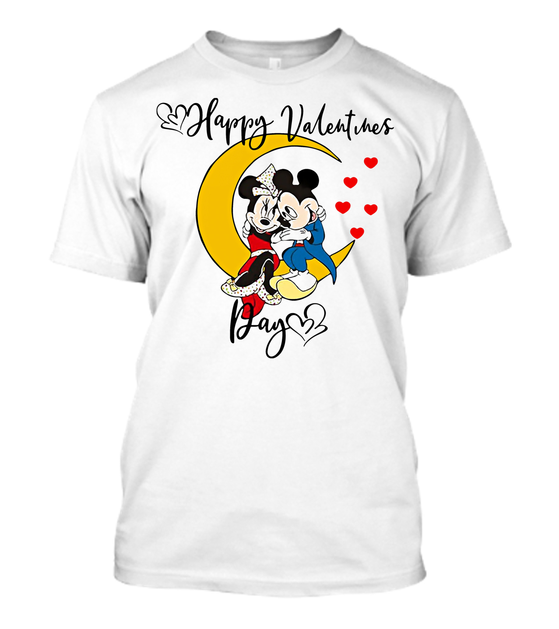 Happy Valentines Day Mickey Mouse And Minnie Mouse Cuddling On Crescent Moon With Hearts T-Shirt