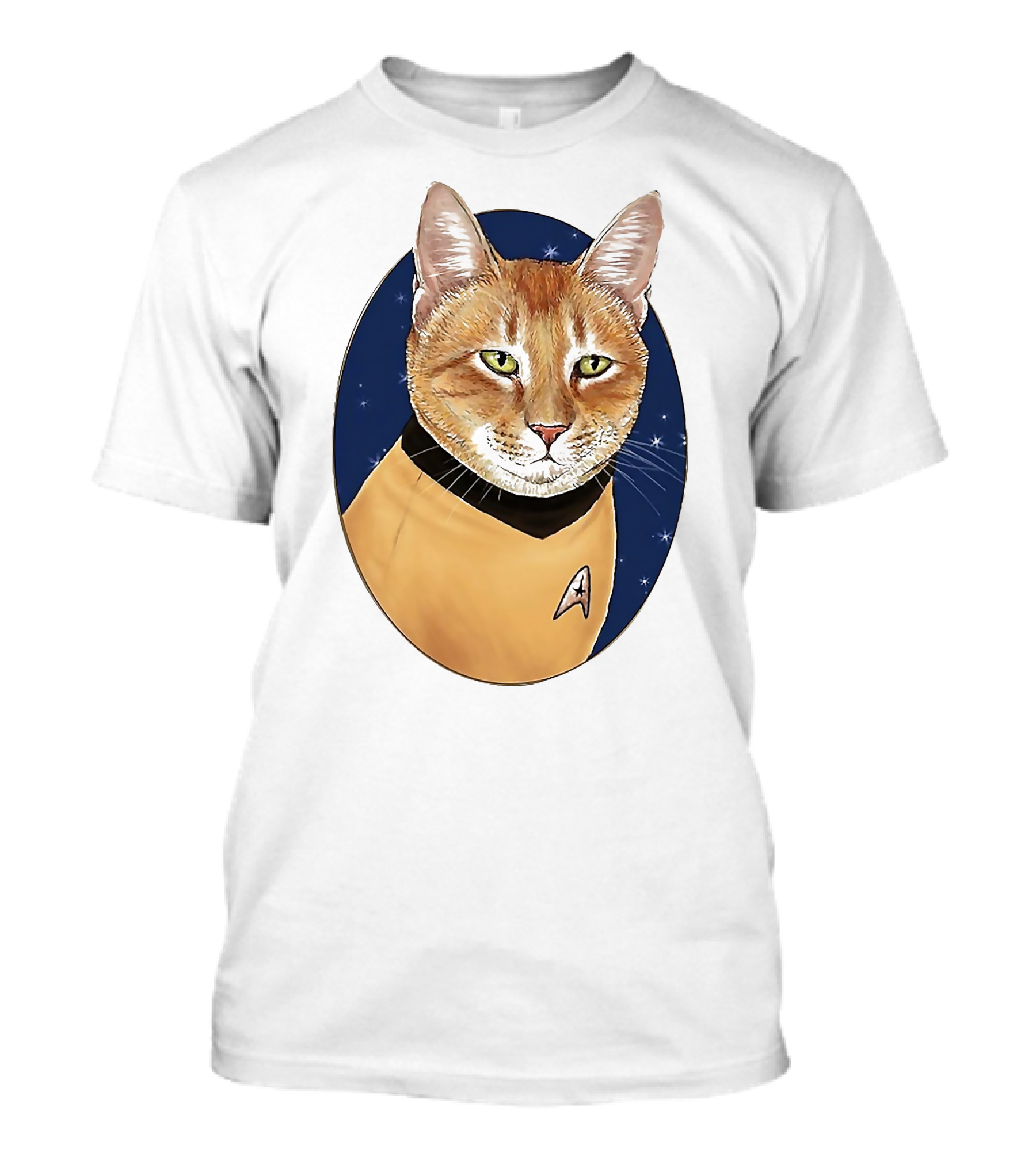 Star Trek Cat In Captain Uniform With Emblem On Starry Background T-Shirt