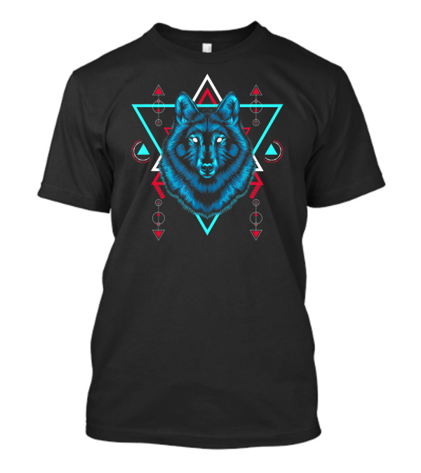 Wolf Sacred Geometry Triangles Circles Red Blue Teal T-Shirt