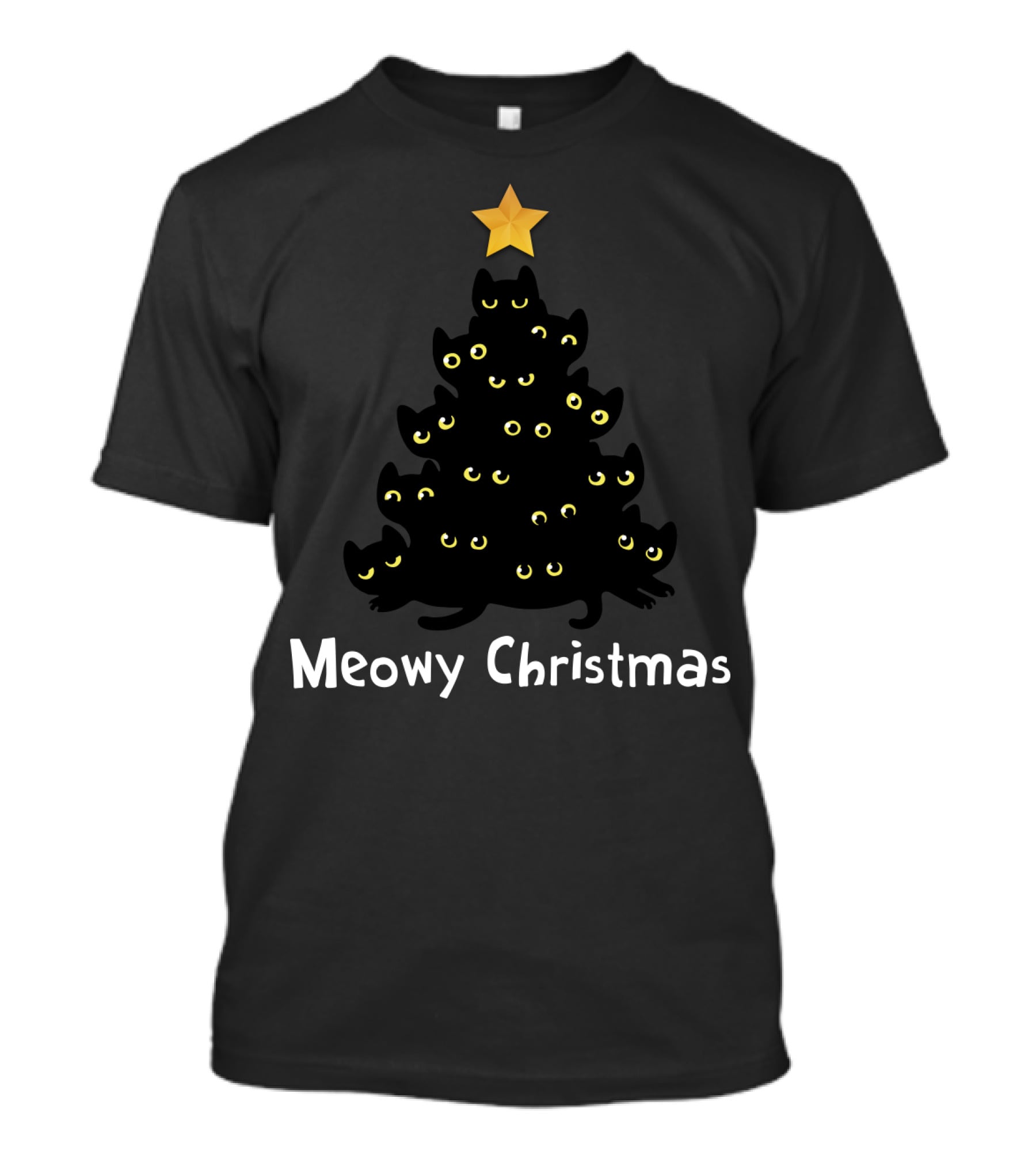 Meowy Christmas Cat Tree With Yellow Eyes And Star Topper T-Shirt