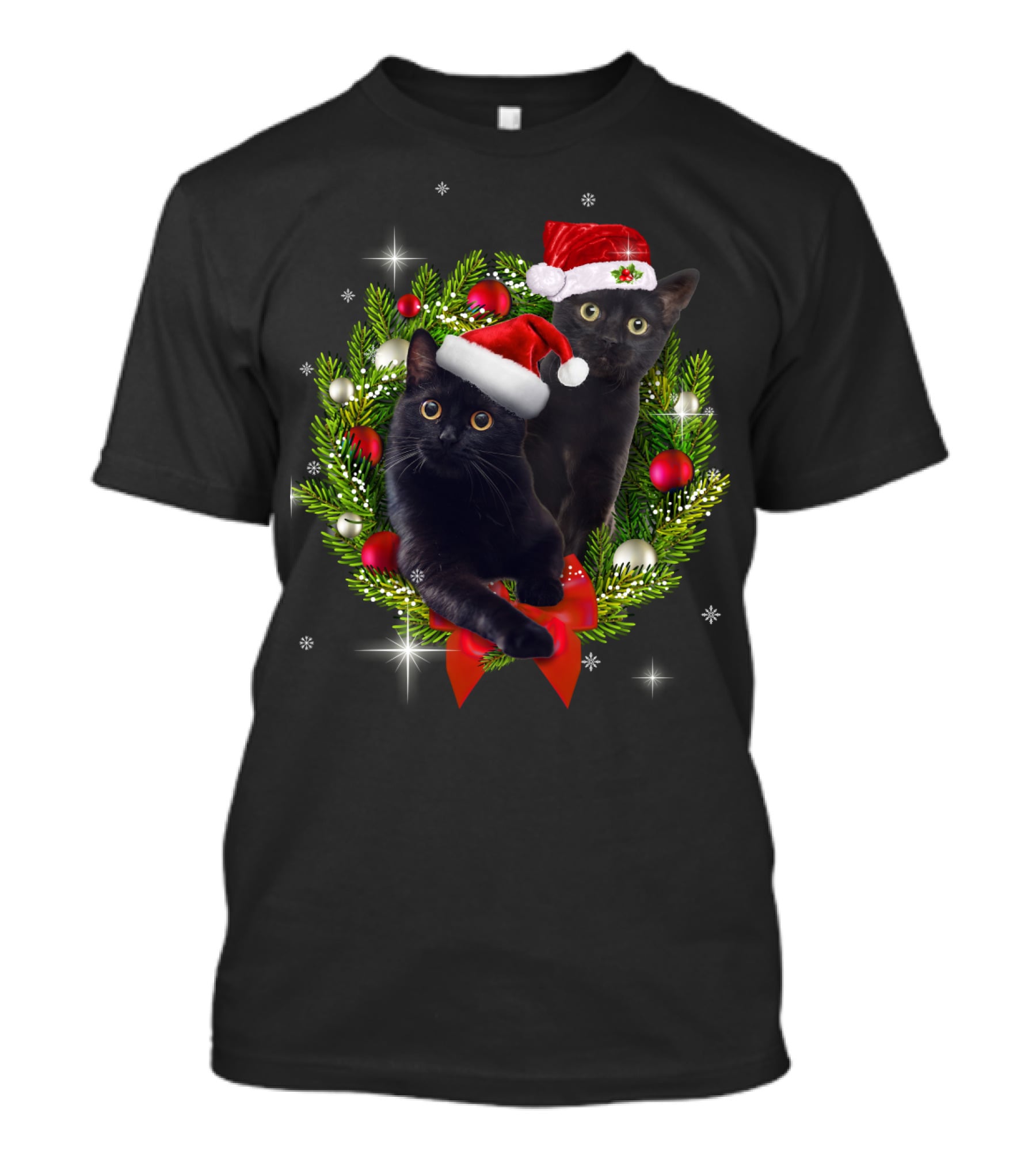 Christmas Cats With Santa Hats In Holiday Wreath T-Shirt