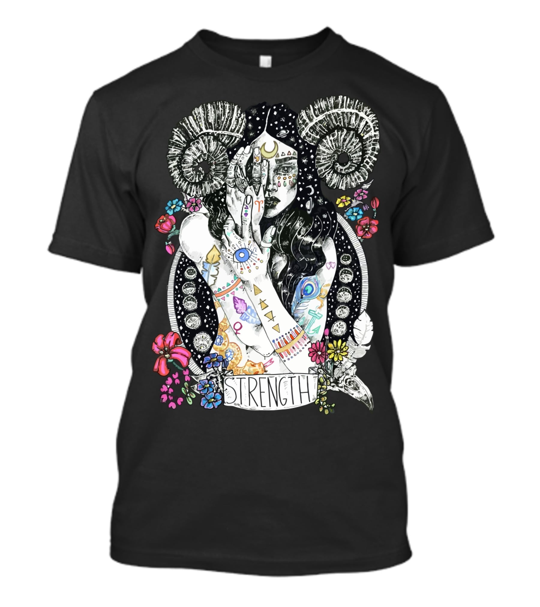 Strength Zodiac Goddess With Symbols And Flowers T-Shirt