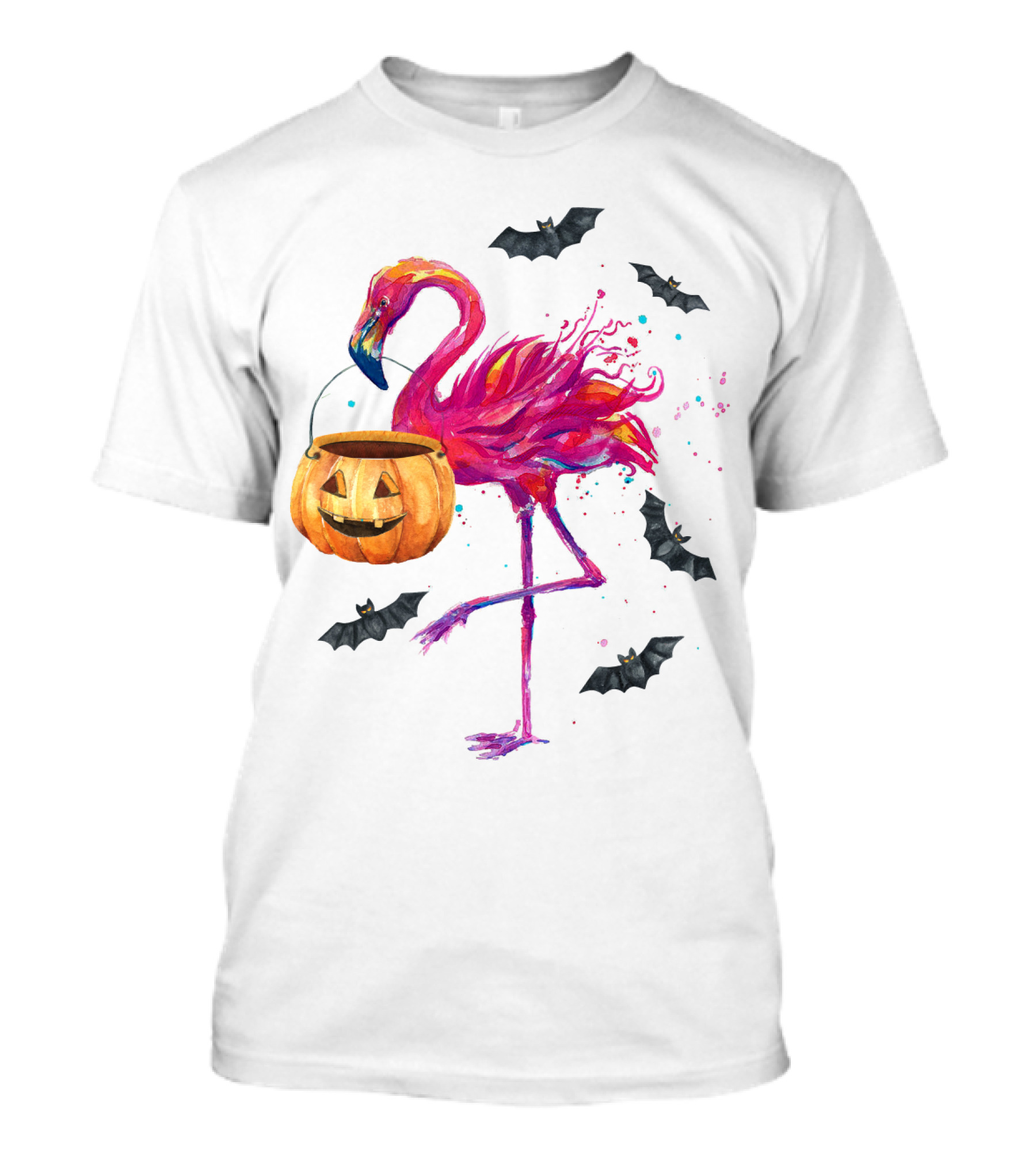 Flamingo With Halloween Pumpkin And Flying Bats T-Shirt
