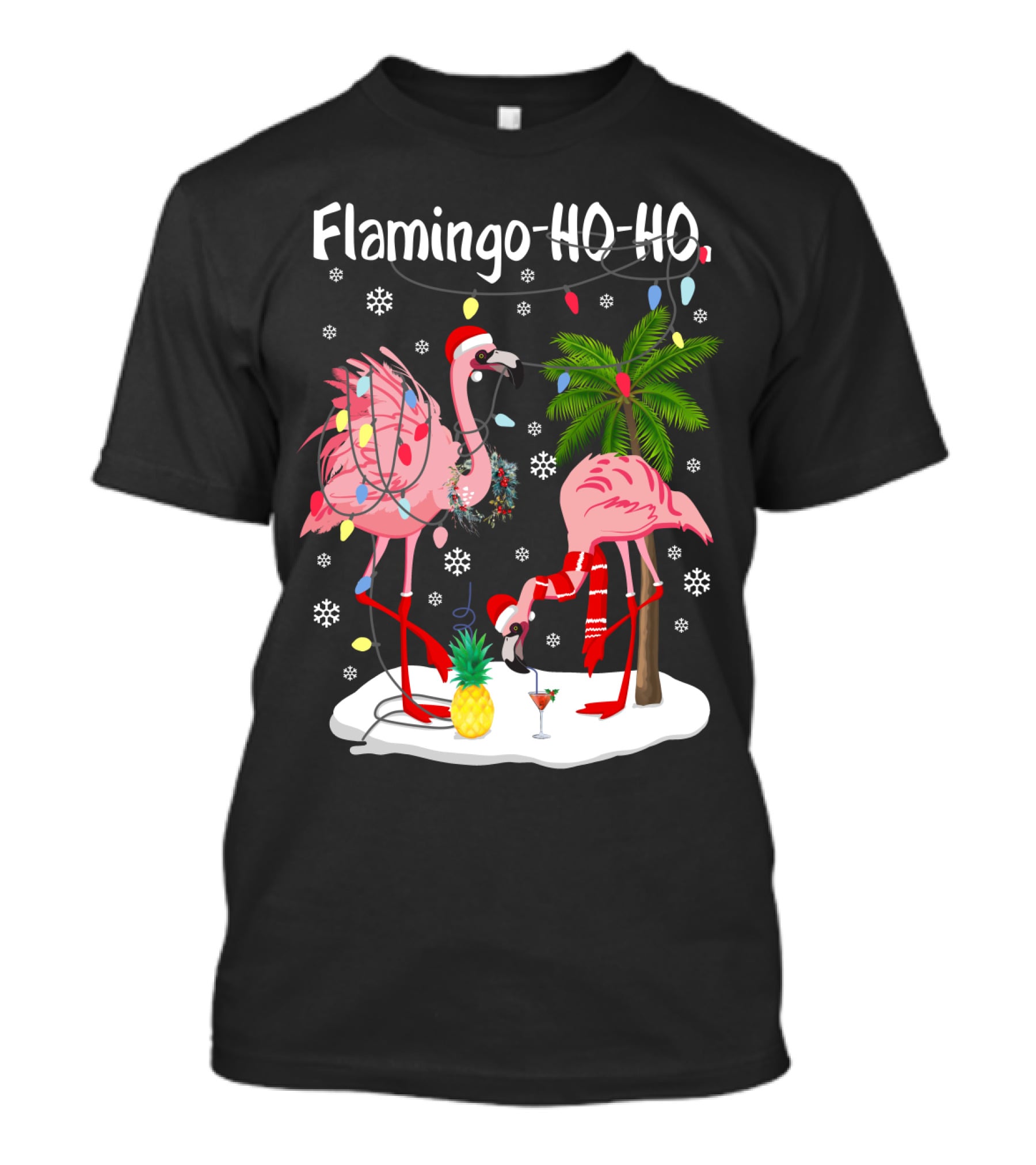 Flamingo HO-HO Christmas Lights And Snowflakes Holiday Scene T-Shirt