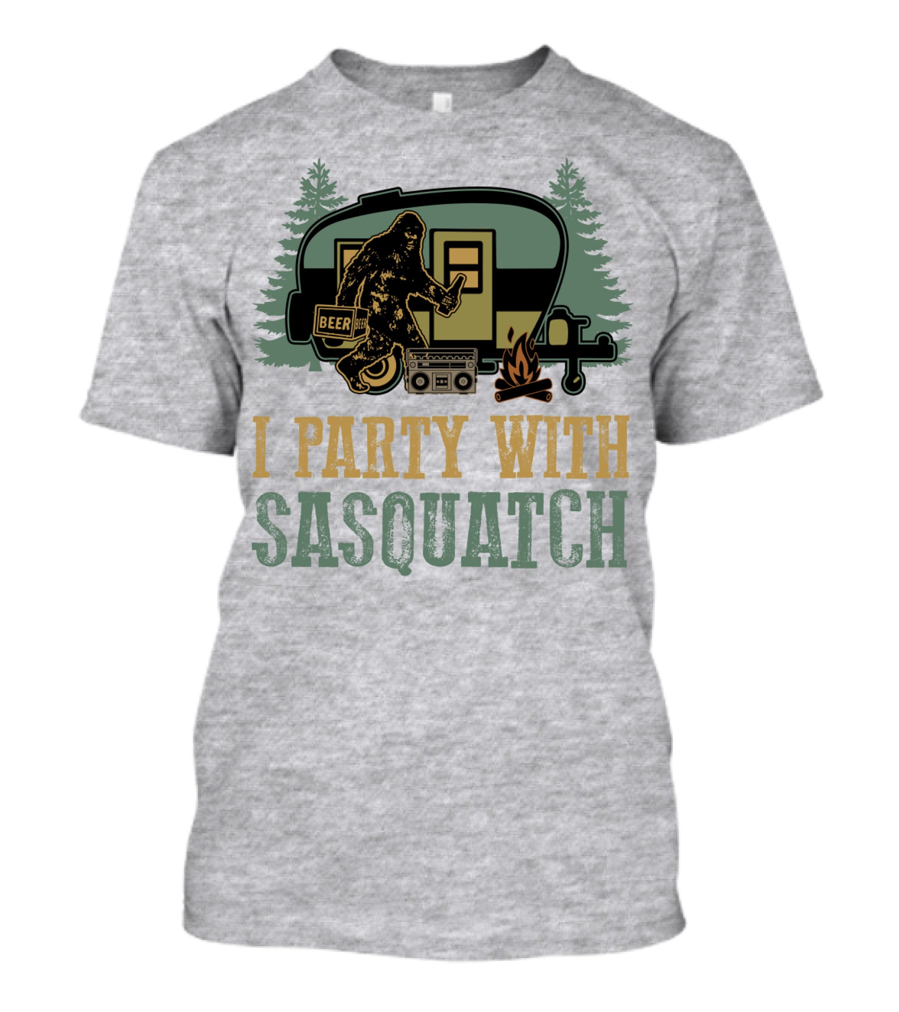 I Party With Sasquatch Beer Campfire Boombox Trailer Adventure T-Shirt