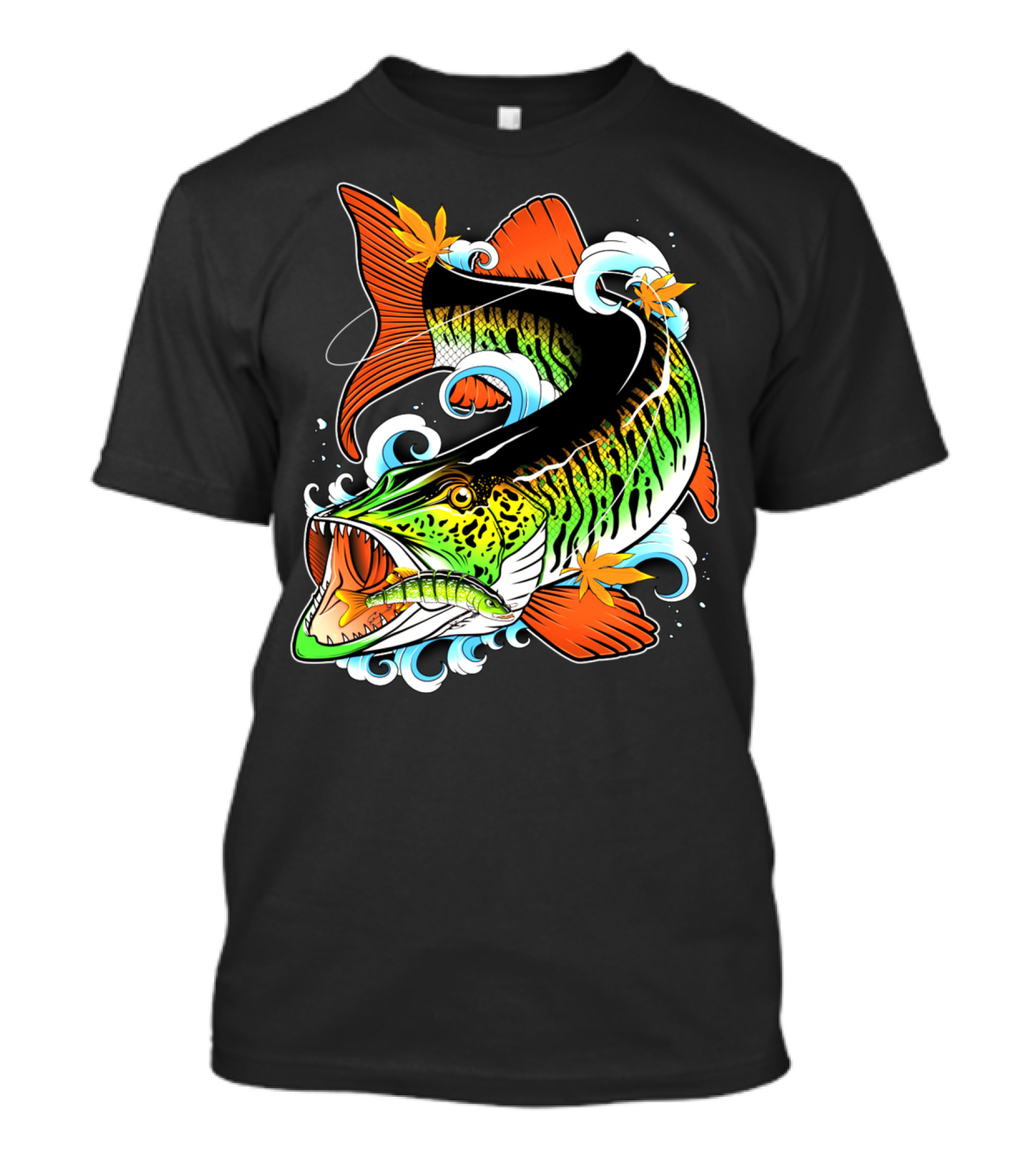 Angry Musky Fishing Splashing Leaves Dynamic T-Shirt