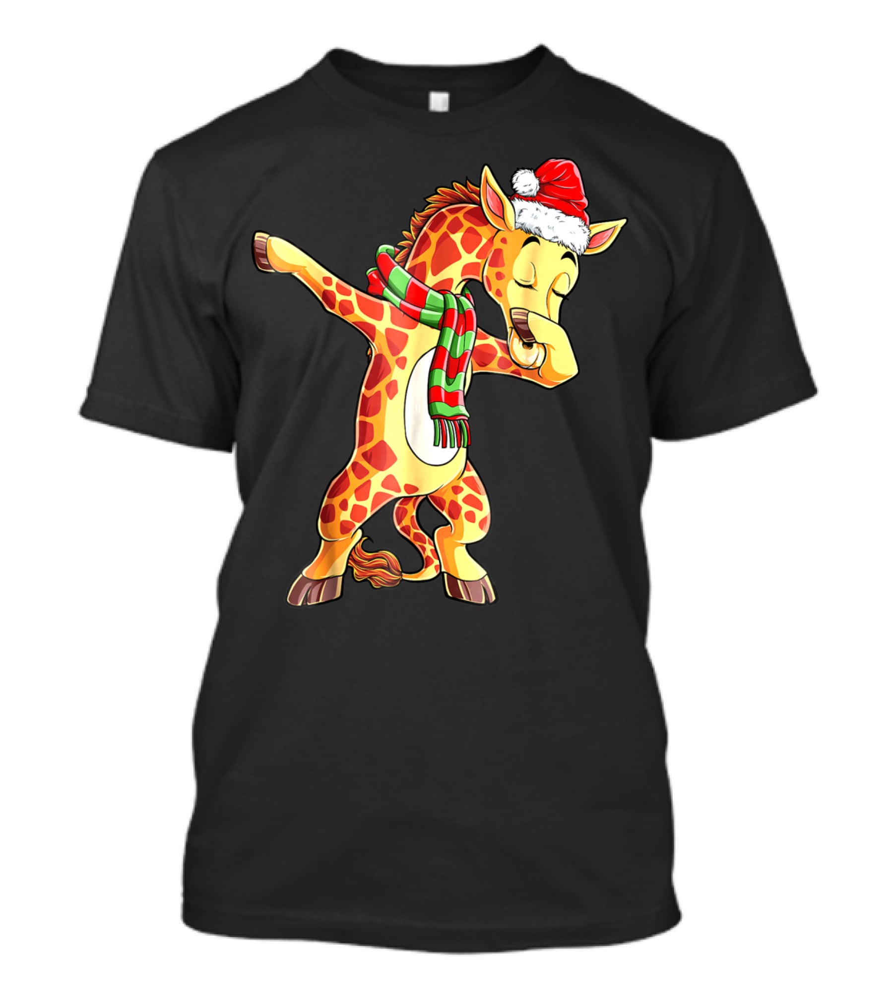 Dabbing Giraffe Santa With Christmas Hat And Scarf T-Shirt