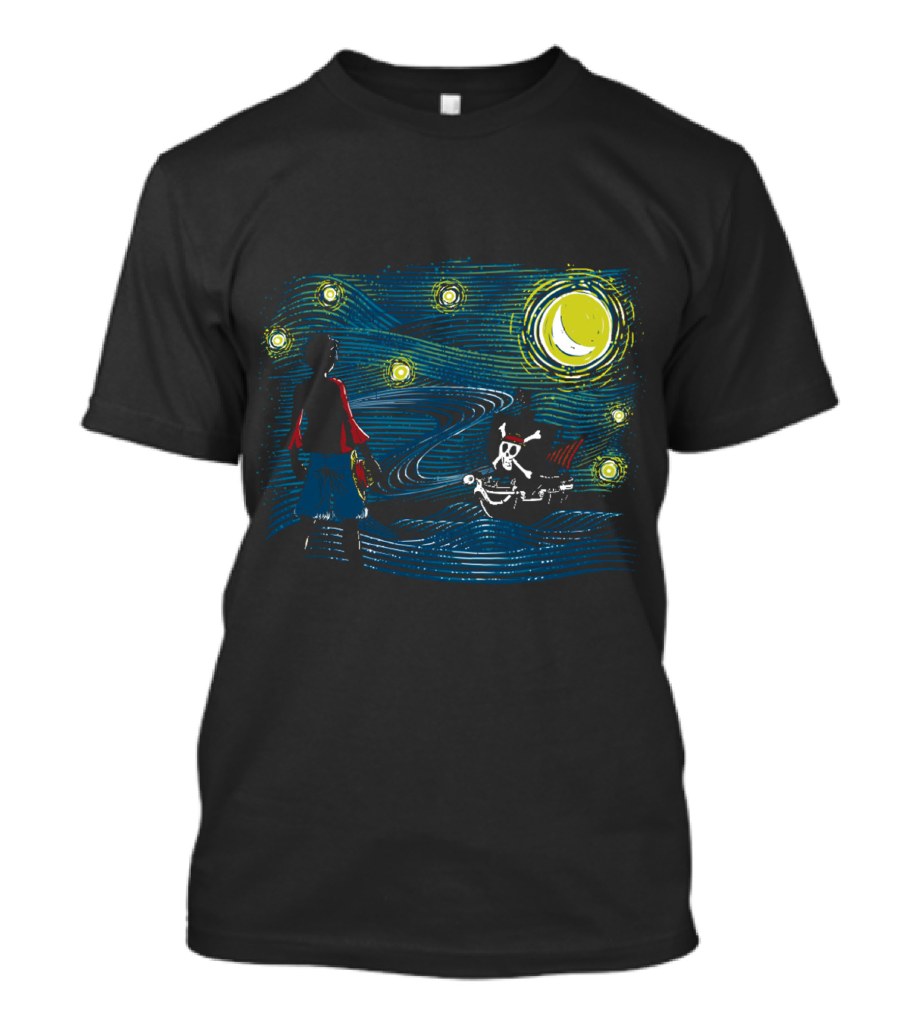 Starry Sea Voyage With Pirate Ship Under Starry Night Sky T-Shirt