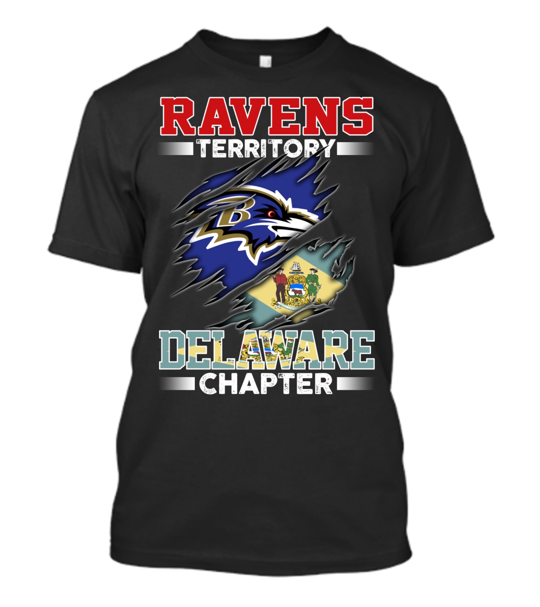 Ravens Territory Delaware Chapter Ravens Logo Delaware Flag T-Shirt