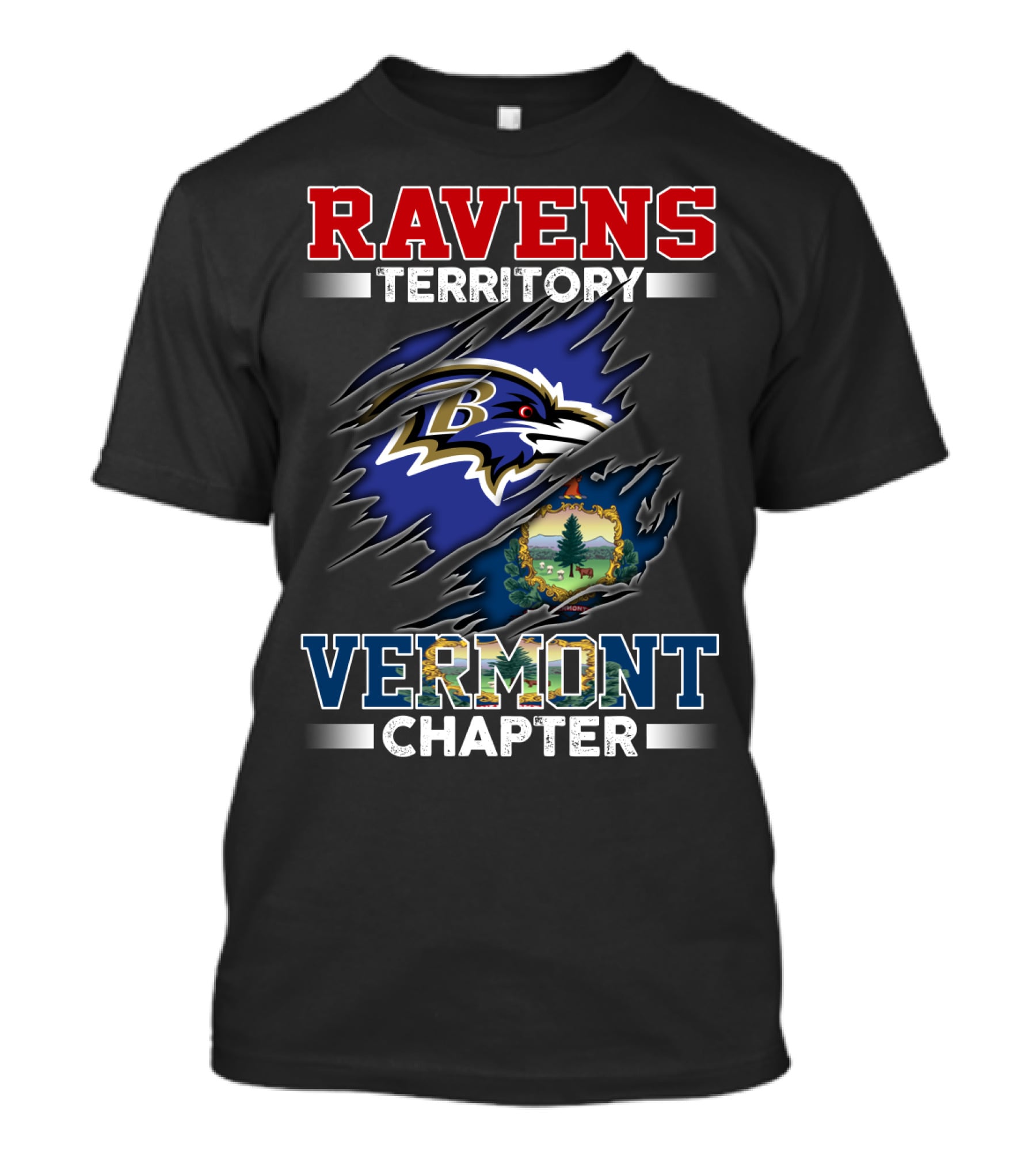 Ravens Territory Vermont Chapter Baltimore Football Team Logo And Vermont State Seal T-Shirt