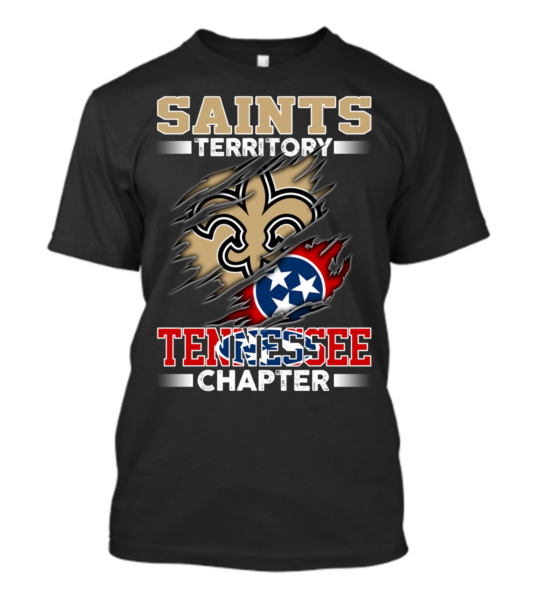 Saints Territory Tennessee Chapter Fleur-De-Lis Logo And Tri-Star Flag T-Shirt