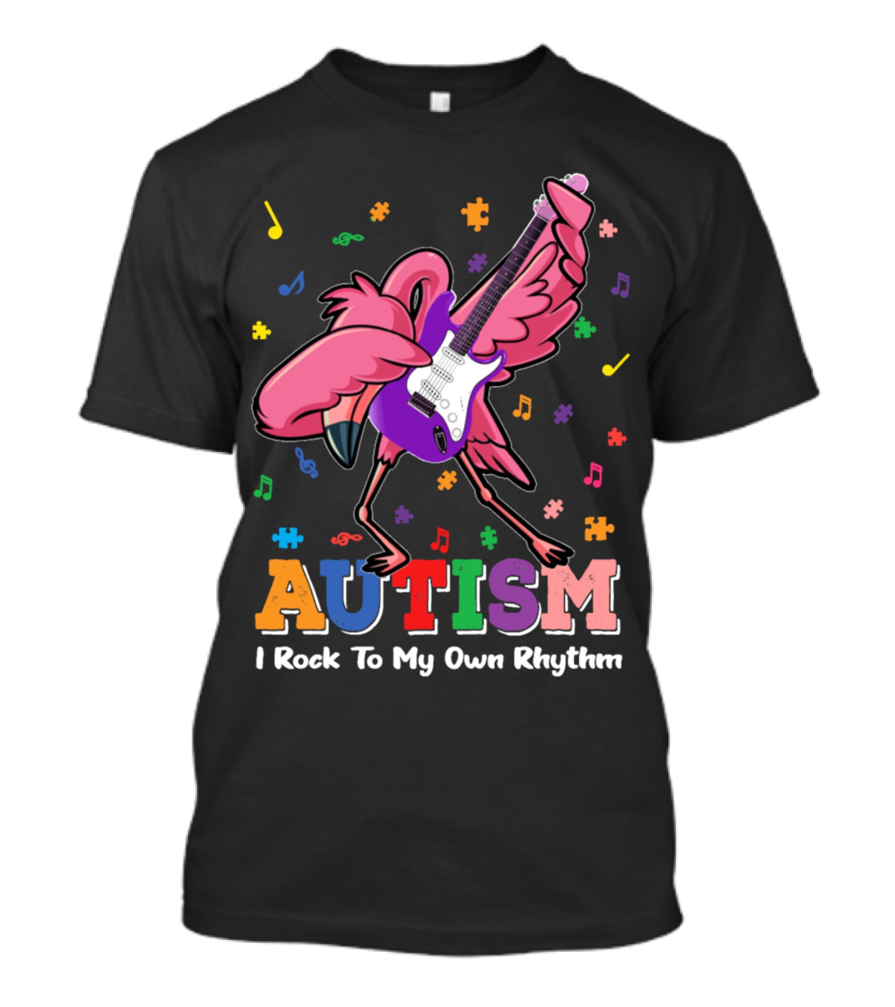 Autism I Rock To My Own Rhythm Flamingo With Guitar And Puzzle Pieces T-Shirt