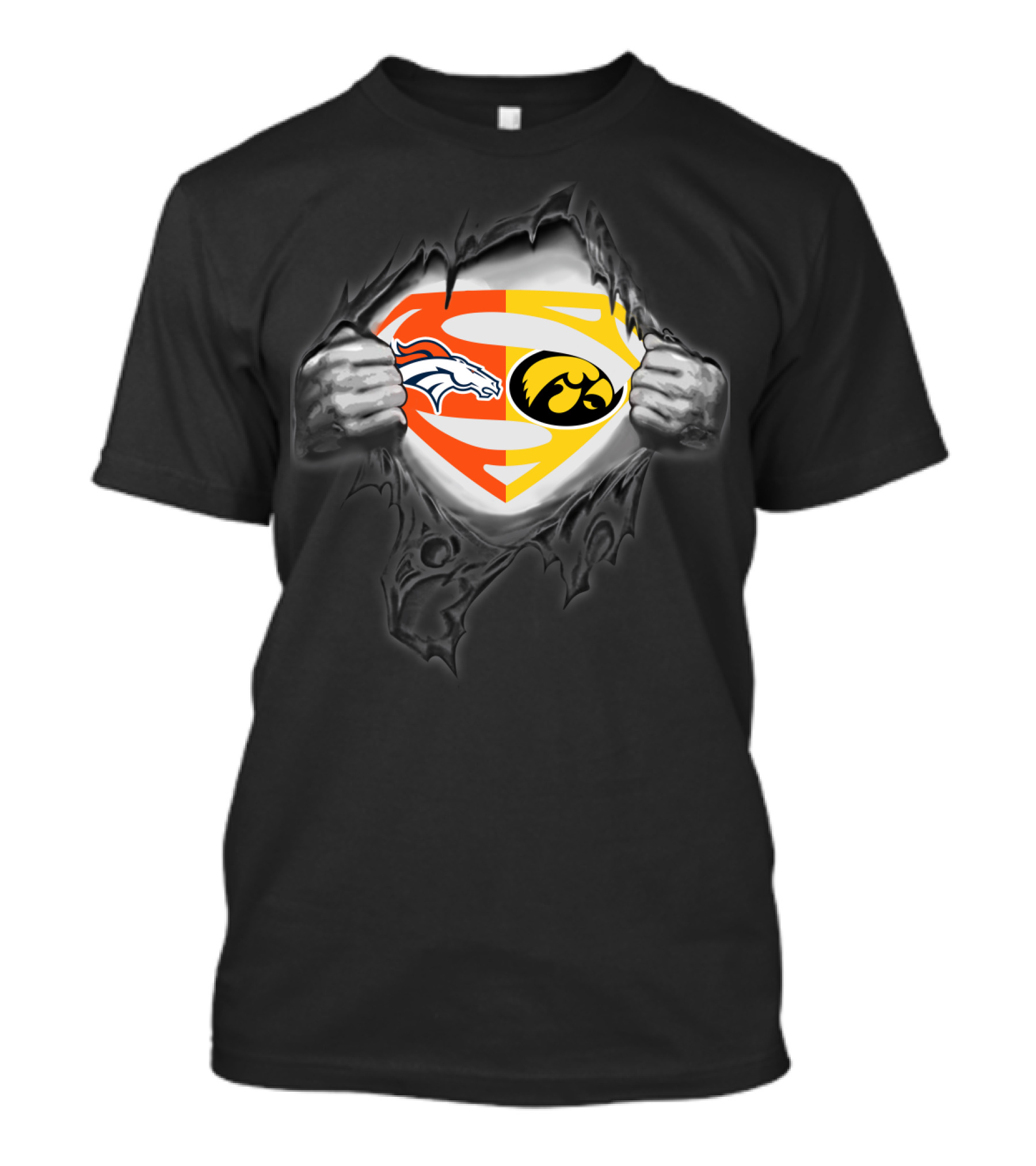 Denver Broncos Iowa Hawkeyes Superman Logo Fusion T-Shirt