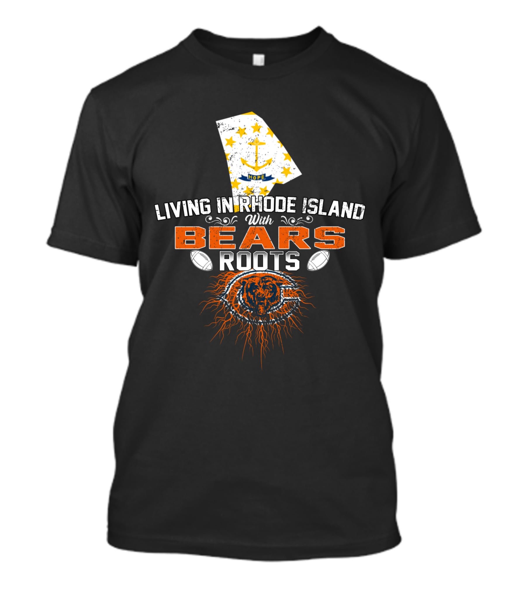 Living In Rhode Island With Bears Roots Football Anchor And Stars Map T-Shirt