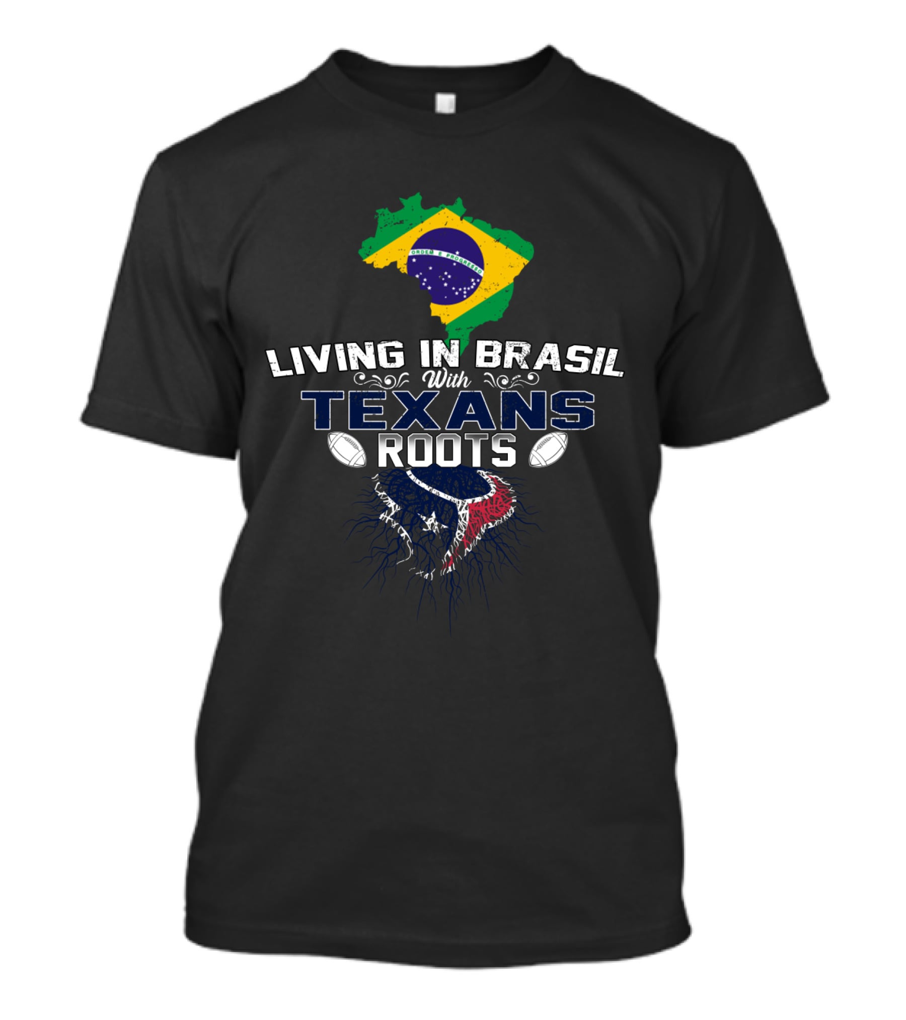 Living In Brasil With Texans Roots Brazil Map And Flag Texans Football T-Shirt