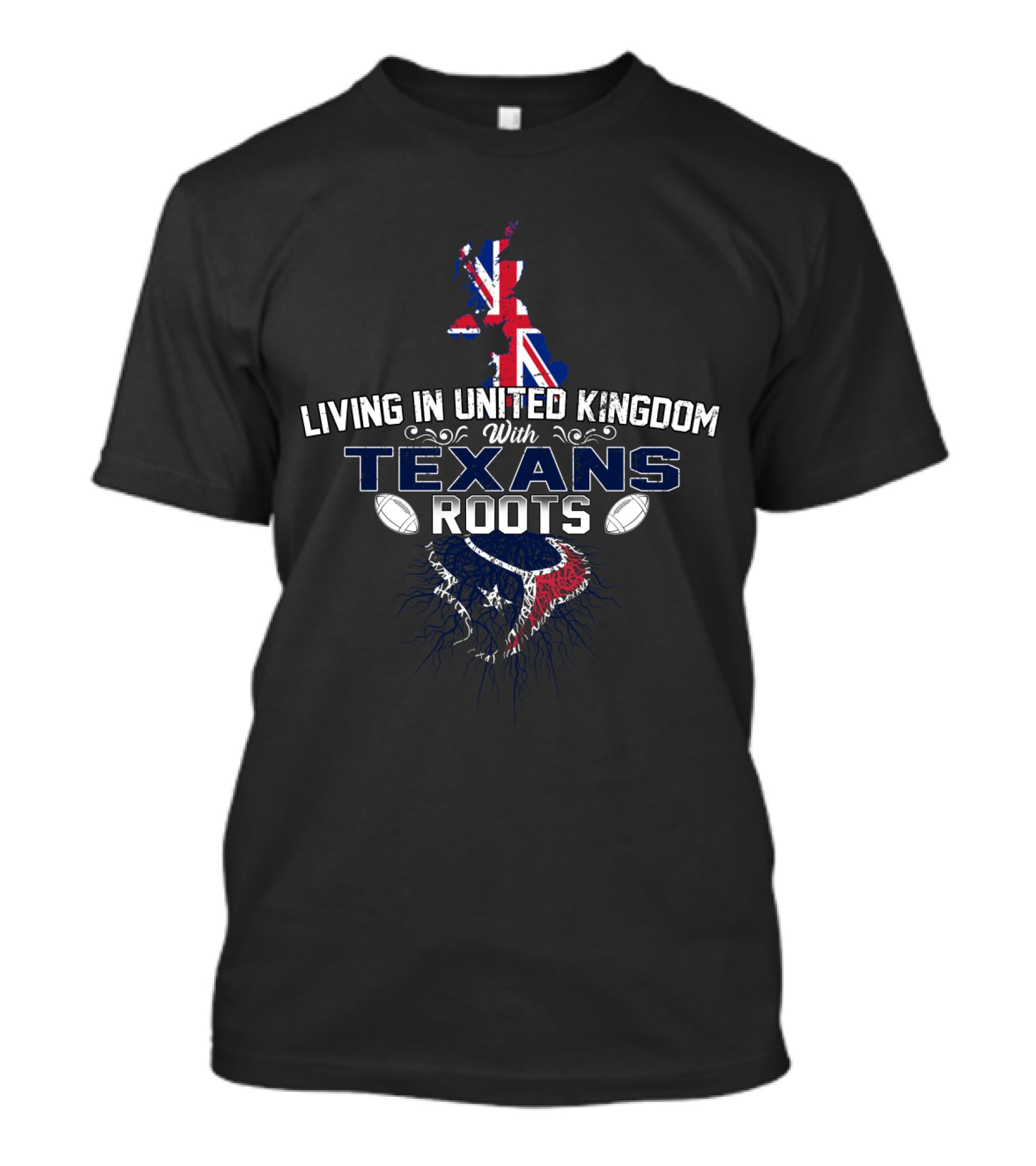 Living In United Kingdom With Texans Roots Union Jack Map And Football T-Shirt