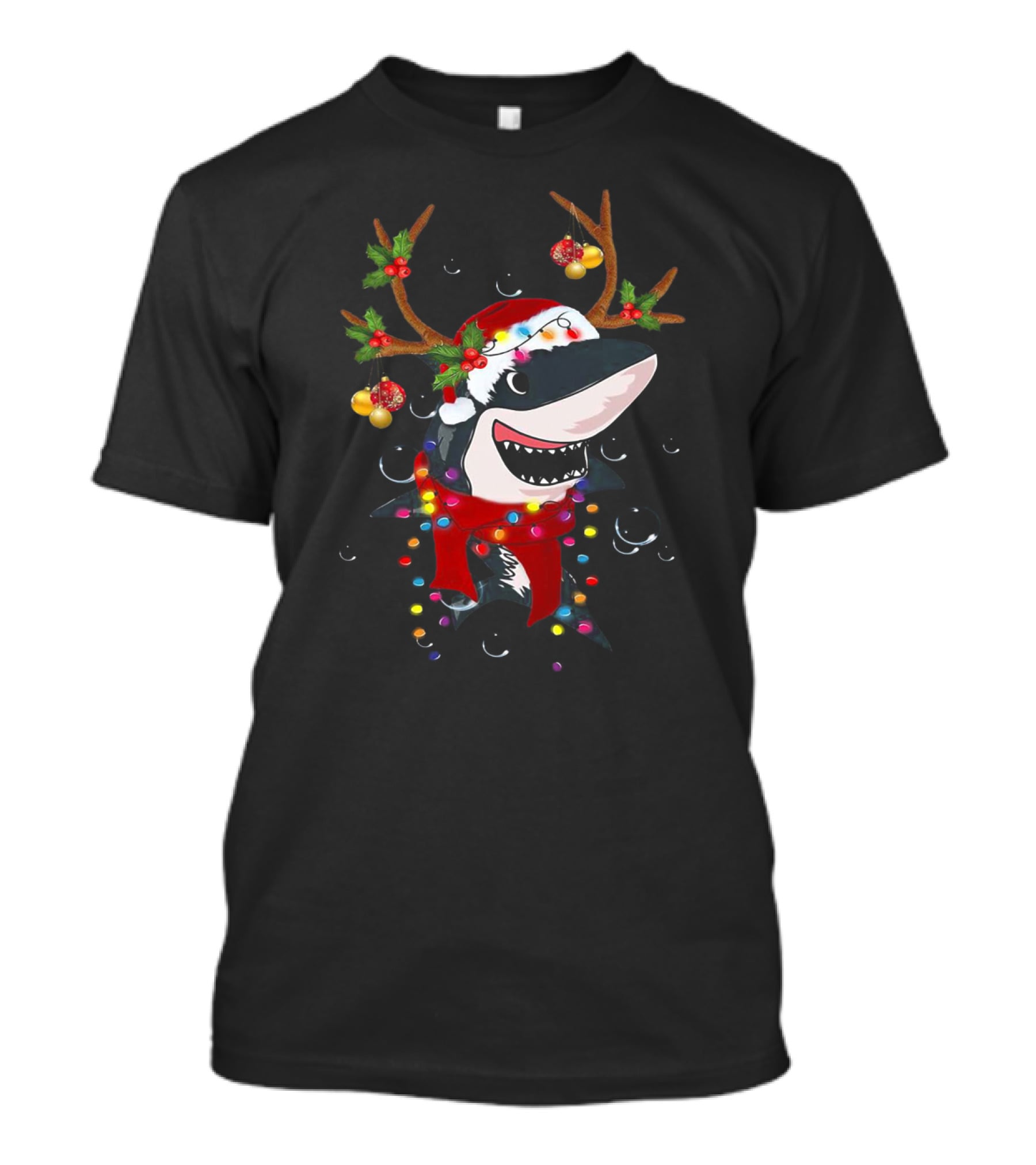 Shark With Christmas Reindeer Antlers And Santa Hat T-Shirt