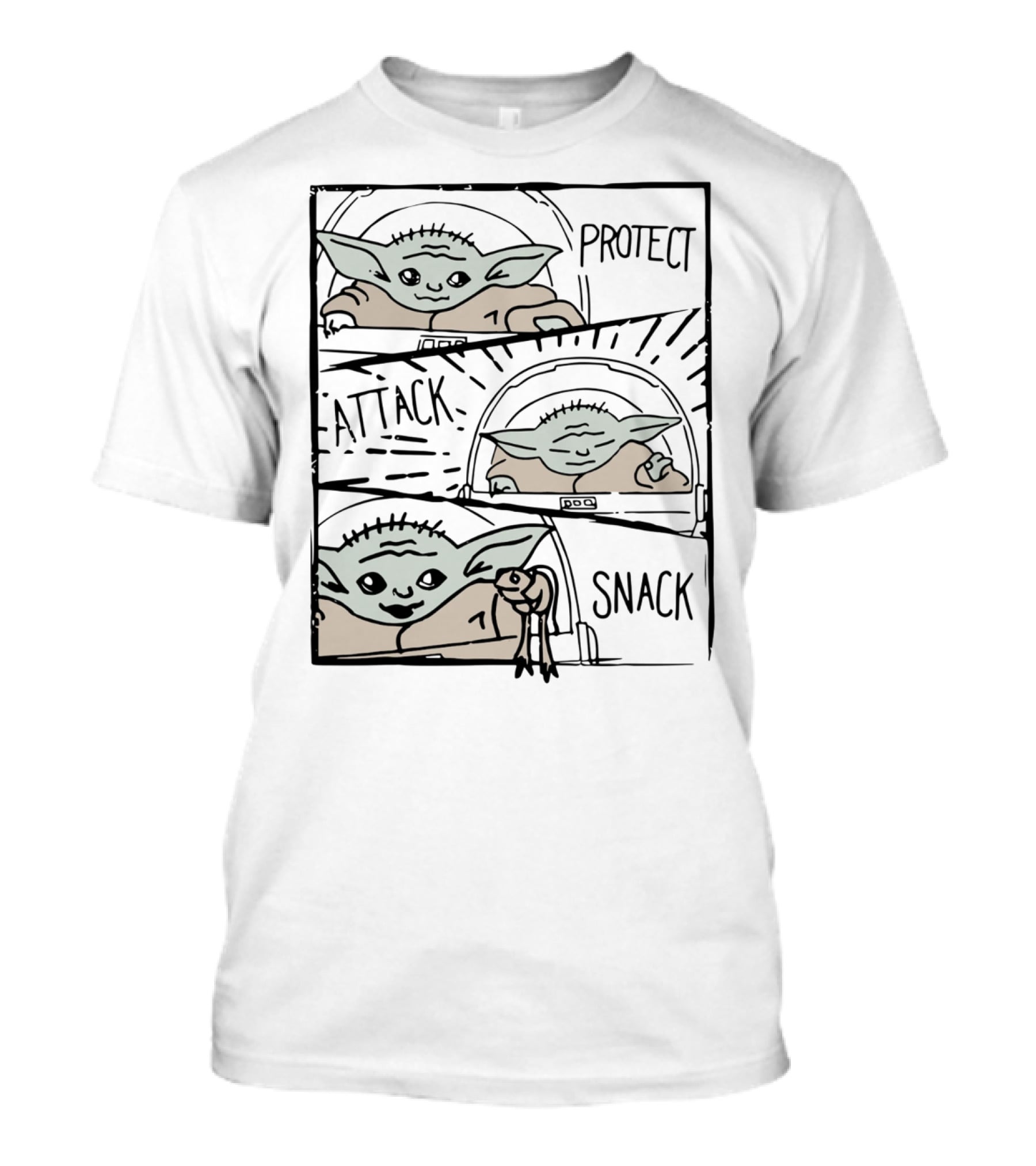 Star Wars Mandalorian Baby Yoda The Child Protect Attack Snack Comic Strip T-Shirt