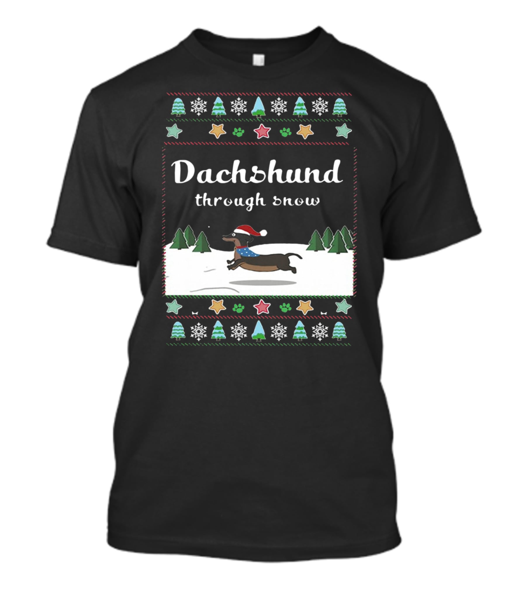 Dachshund Through Snow Christmas Sweater Style With Trees And Stars T-Shirt