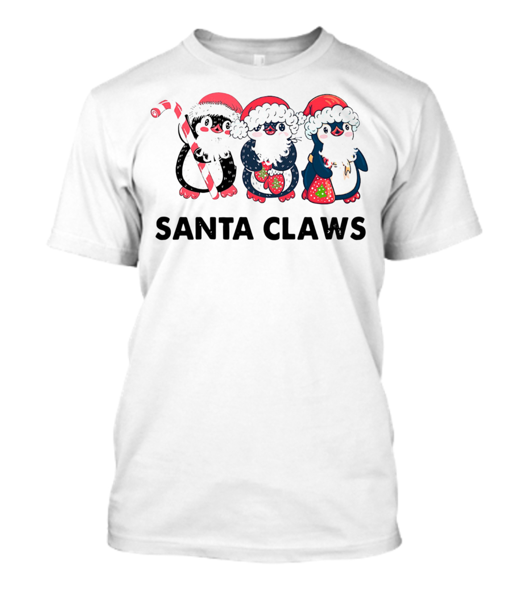 Santa Claws Penguins Holiday Trio With Santa Hats And Candy Cane T-Shirt