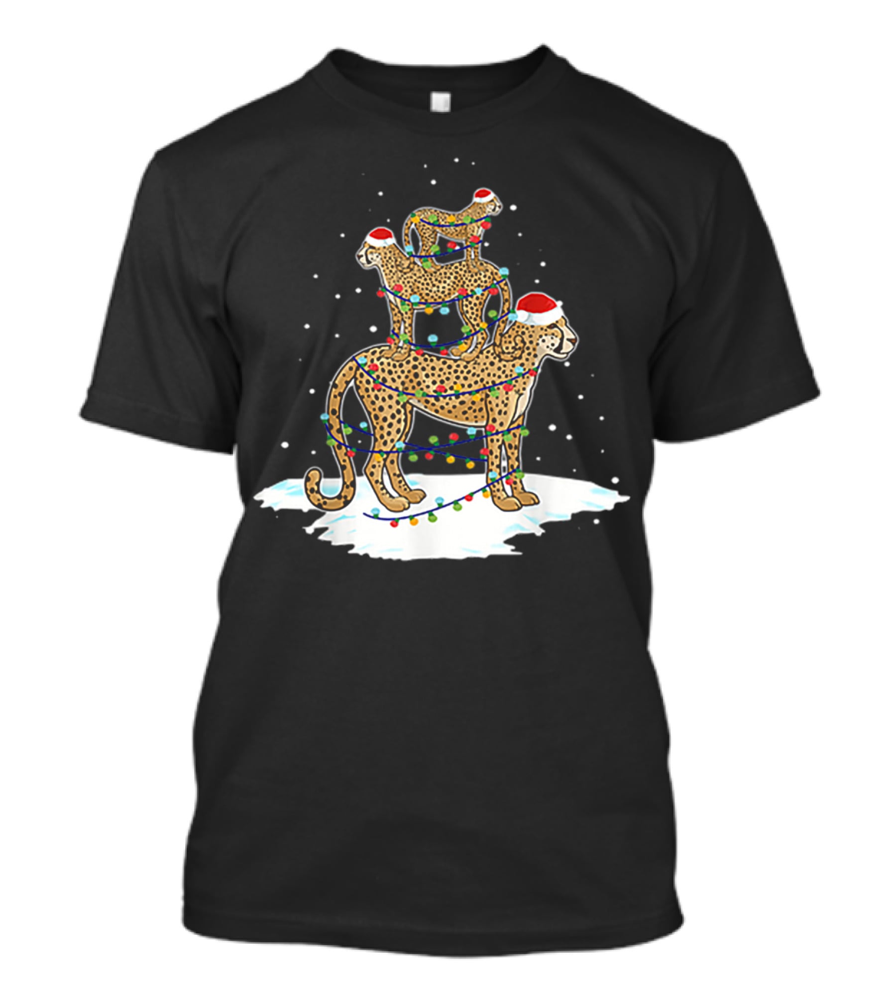 Cheetah Santa Christmas Tree With Festive Lights And Snowflakes T-Shirt