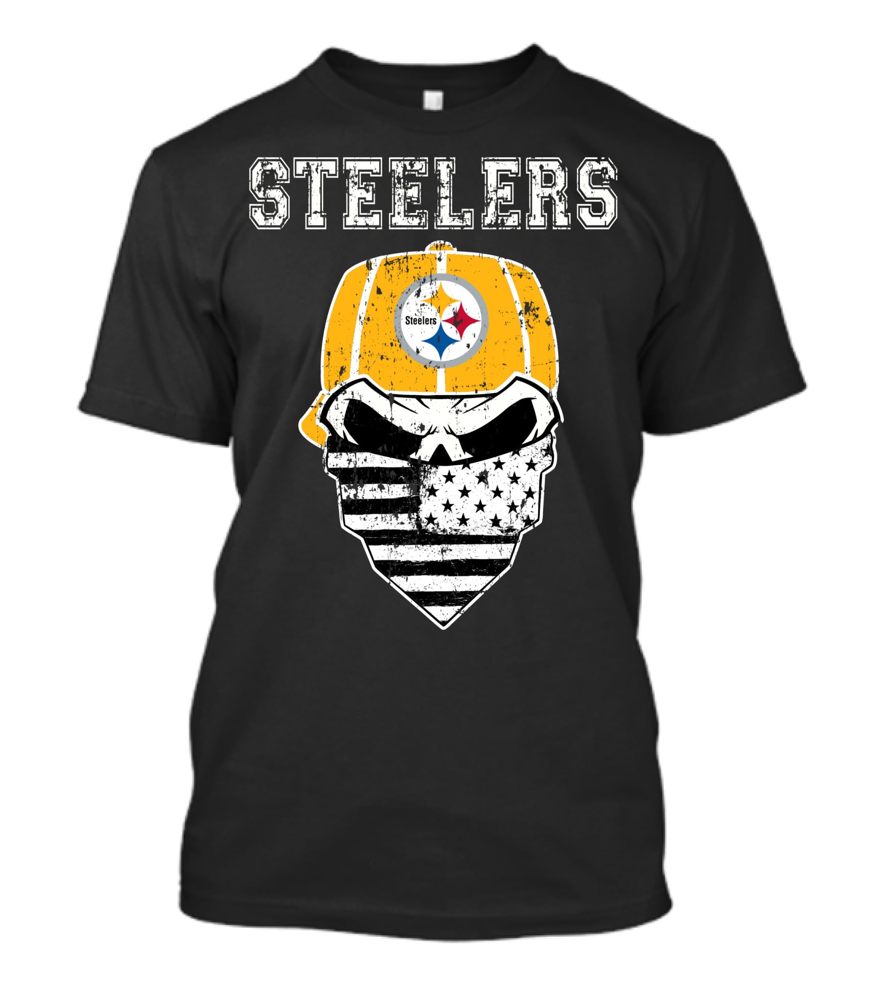 Steelers Skull With American Flag Bandana And Hat T-Shirt