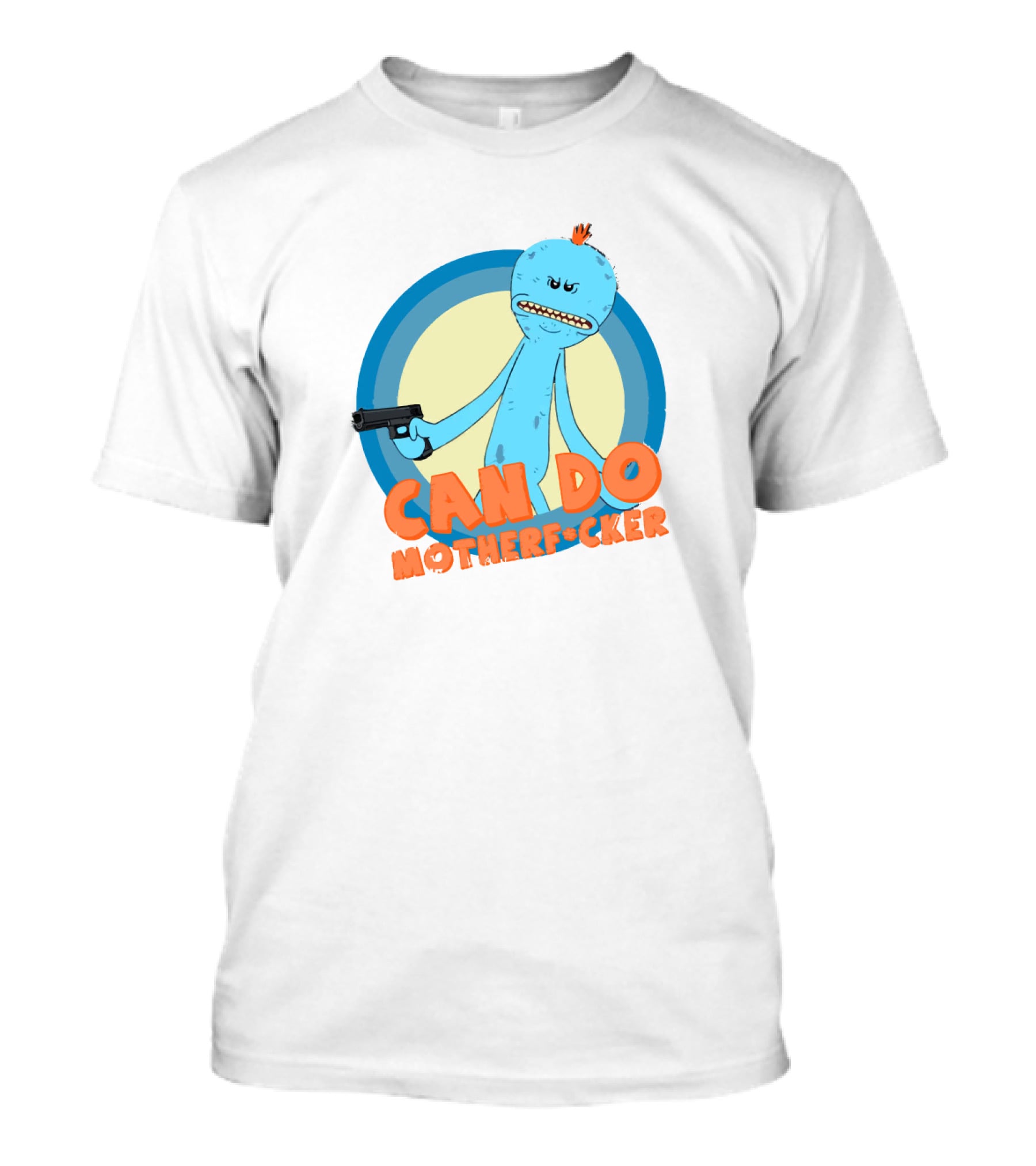 Can Do Motherfcker Gun-Wielding Blue Character With Orange Hair T-Shirt