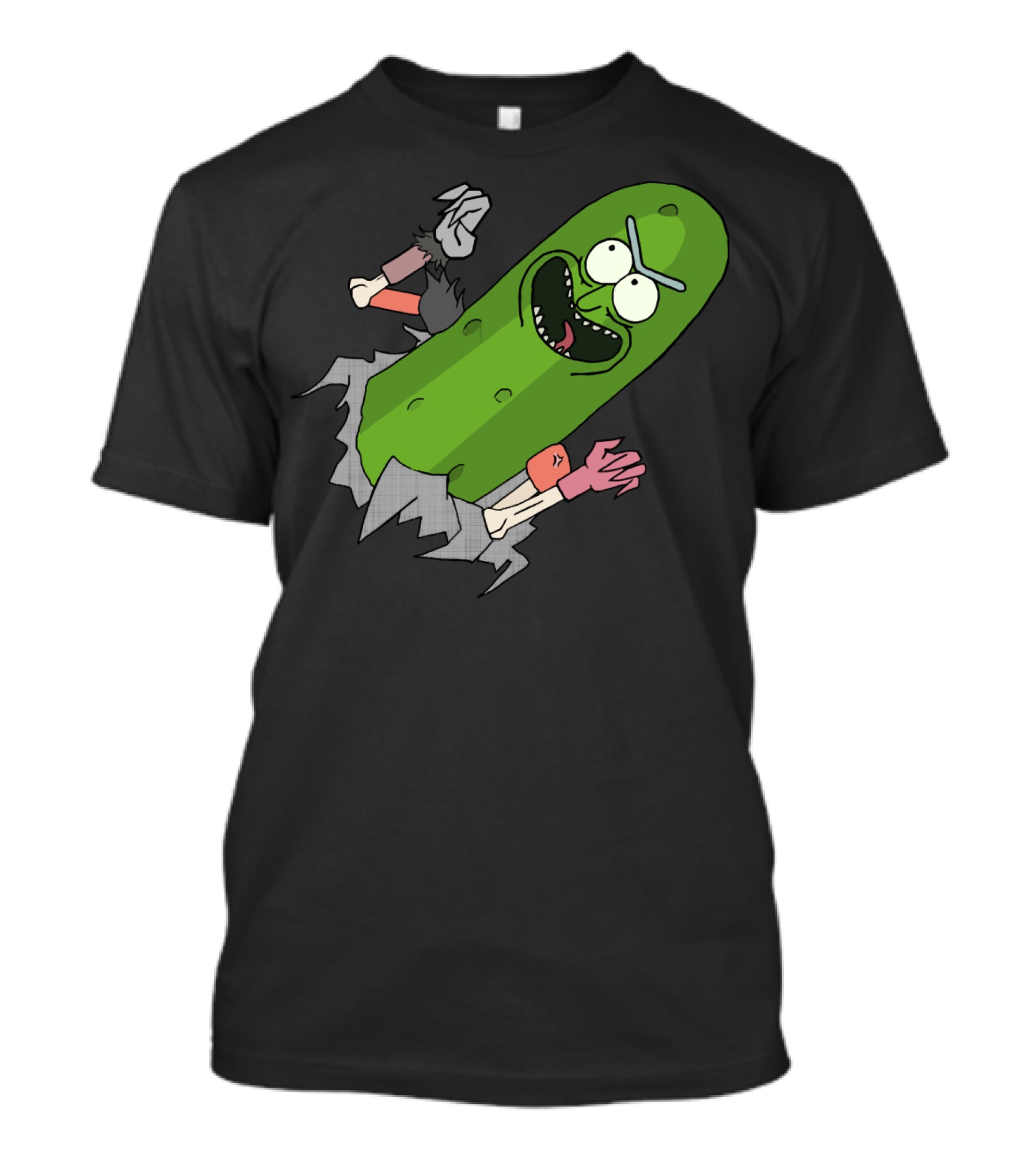Pickle Rick Breaking Through Punching Action T-Shirt