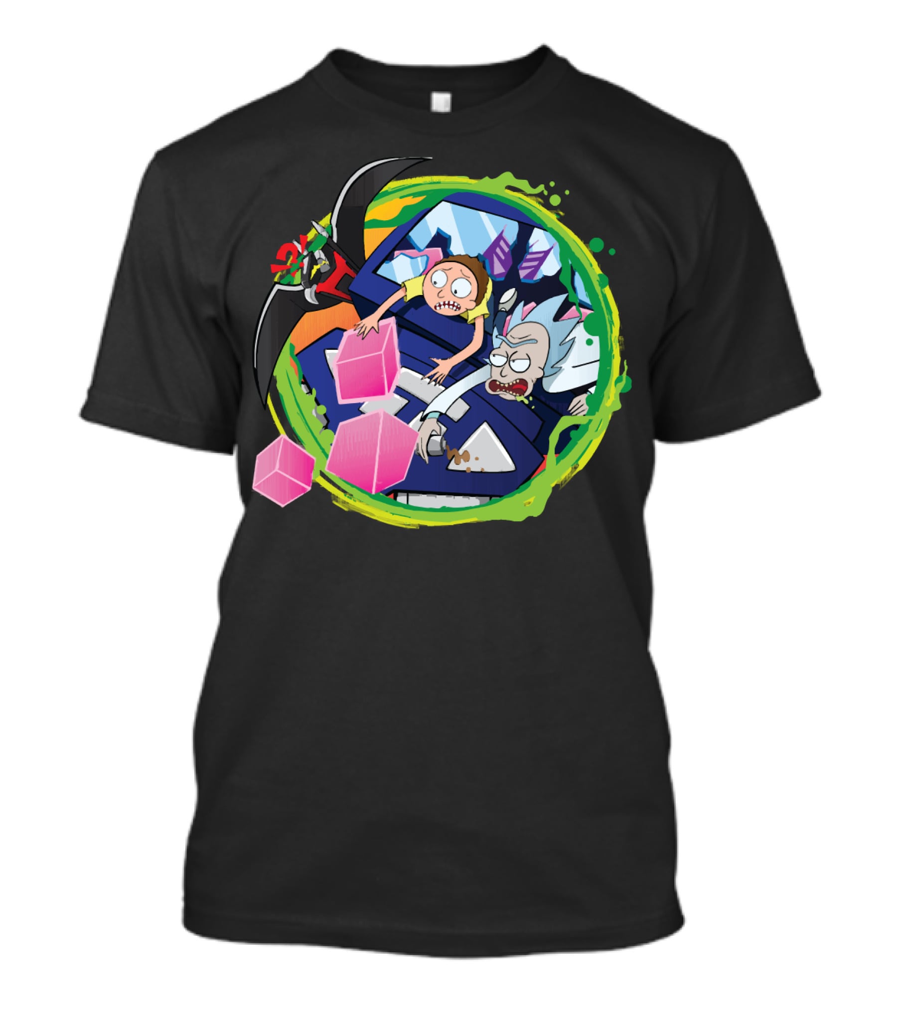 Rick And Morty In Cyber Portal Adventure With Pink Cubes And Alien Figures T-Shirt