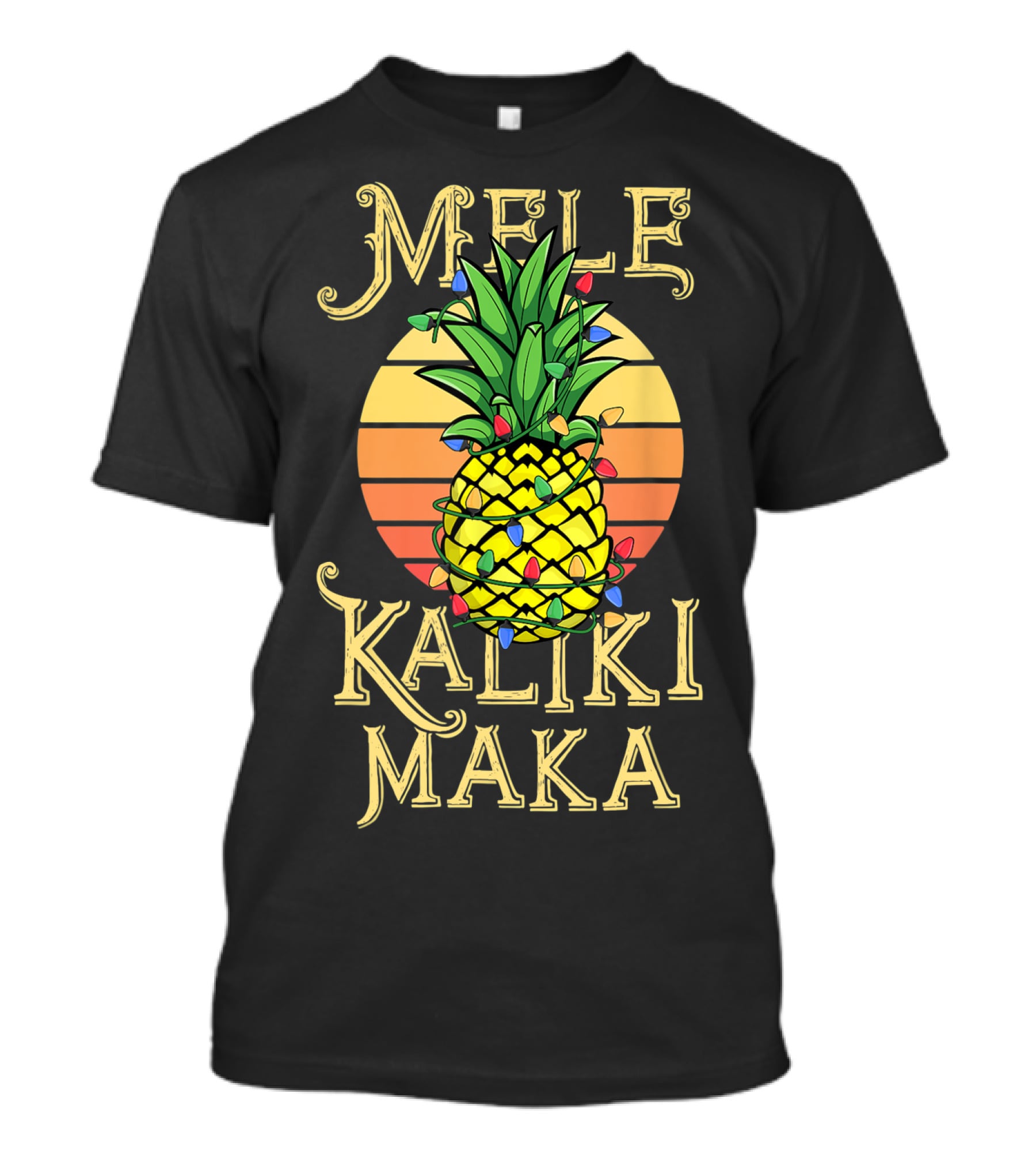 Mele Kalikimaka Hawaiian Christmas Pineapple Lights Vintage Sunset T-Shirt