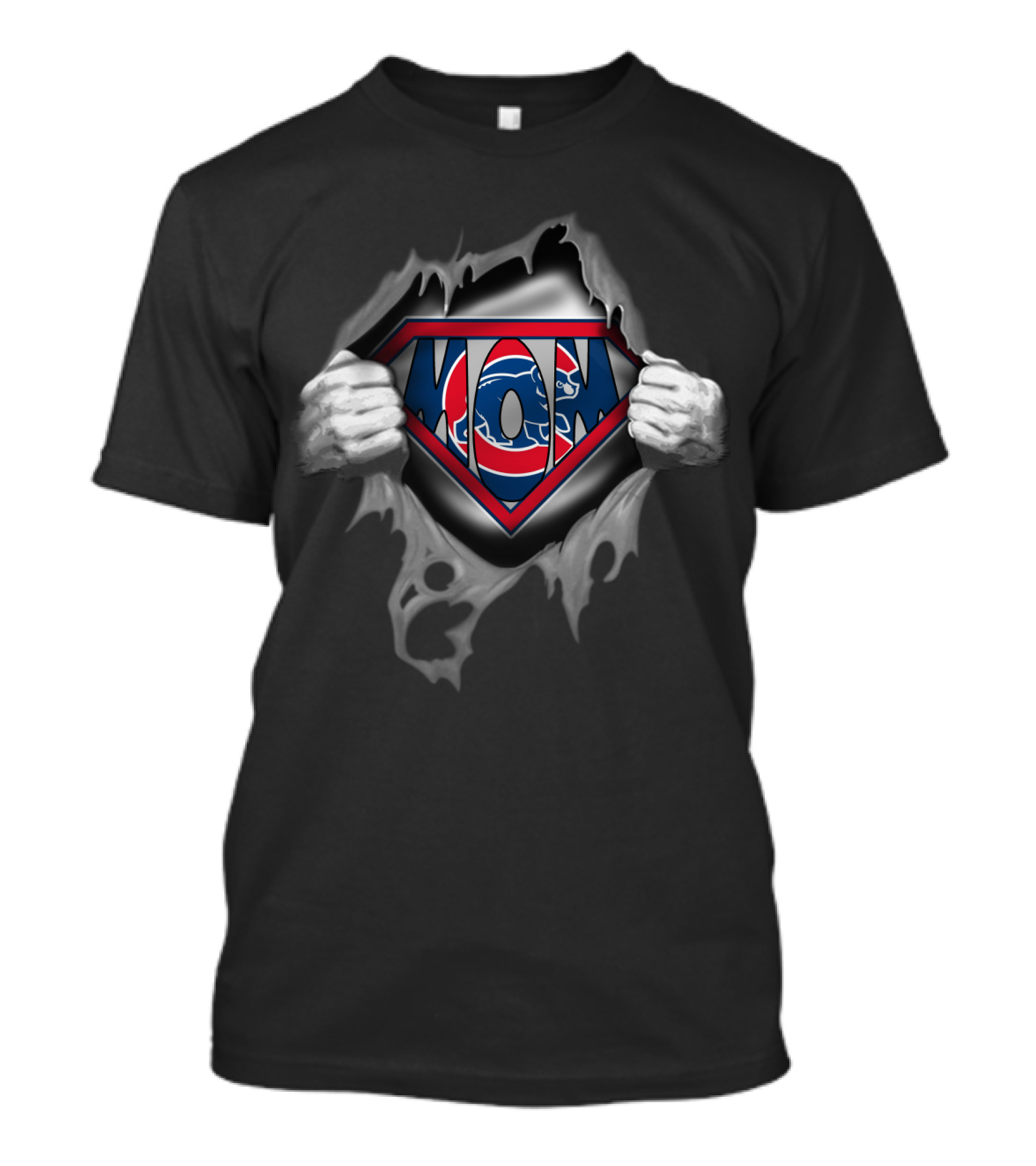 SUPER MOM CUBS Superhero Emblem With Chicago Cubs Elements And Torn Shirt Effect T-Shirt