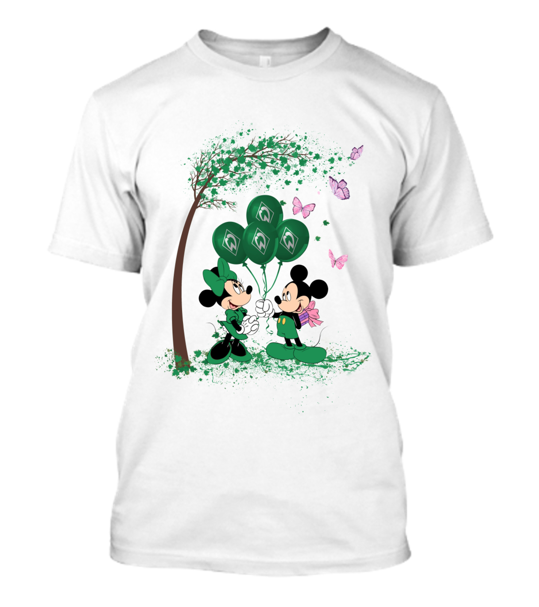 Minnie And Mickey With Green Werder Bremen Balloons Scene T-Shirt