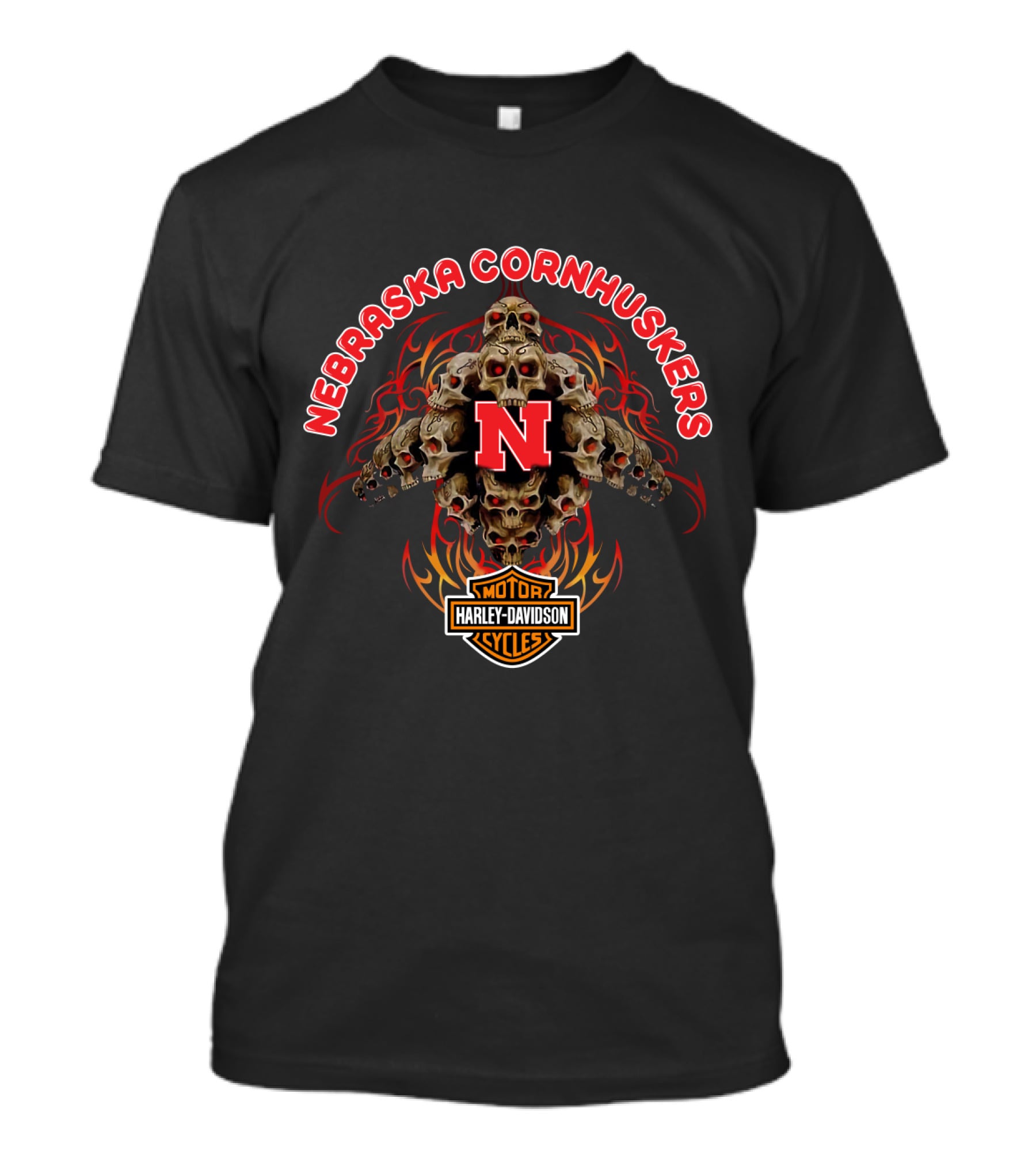 Nebraska Cornhuskers Harley Davidson Skulls Flame T-Shirt