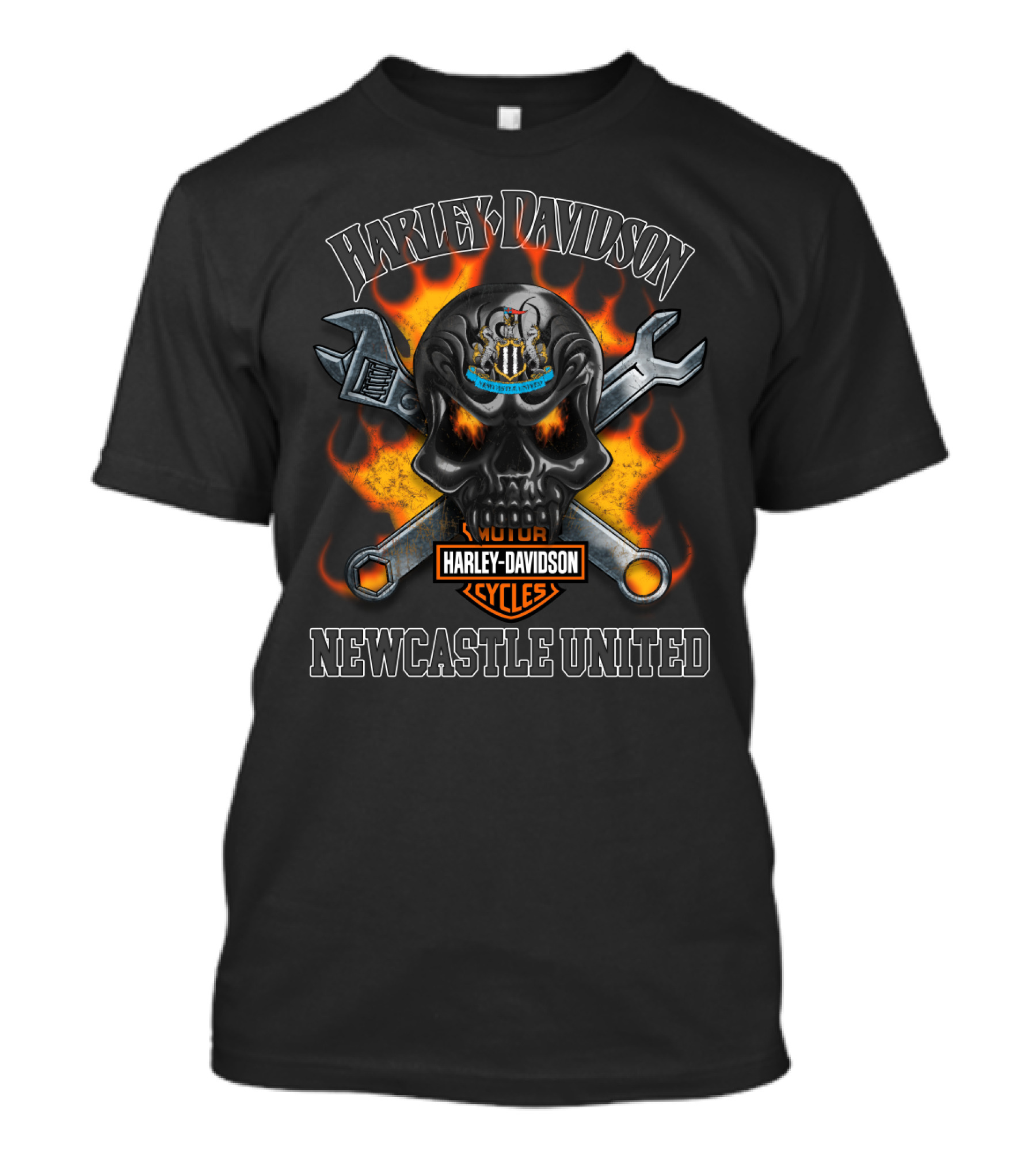 Harley Davidson Motor Cycles Skull Flames Newcastle United T-Shirt