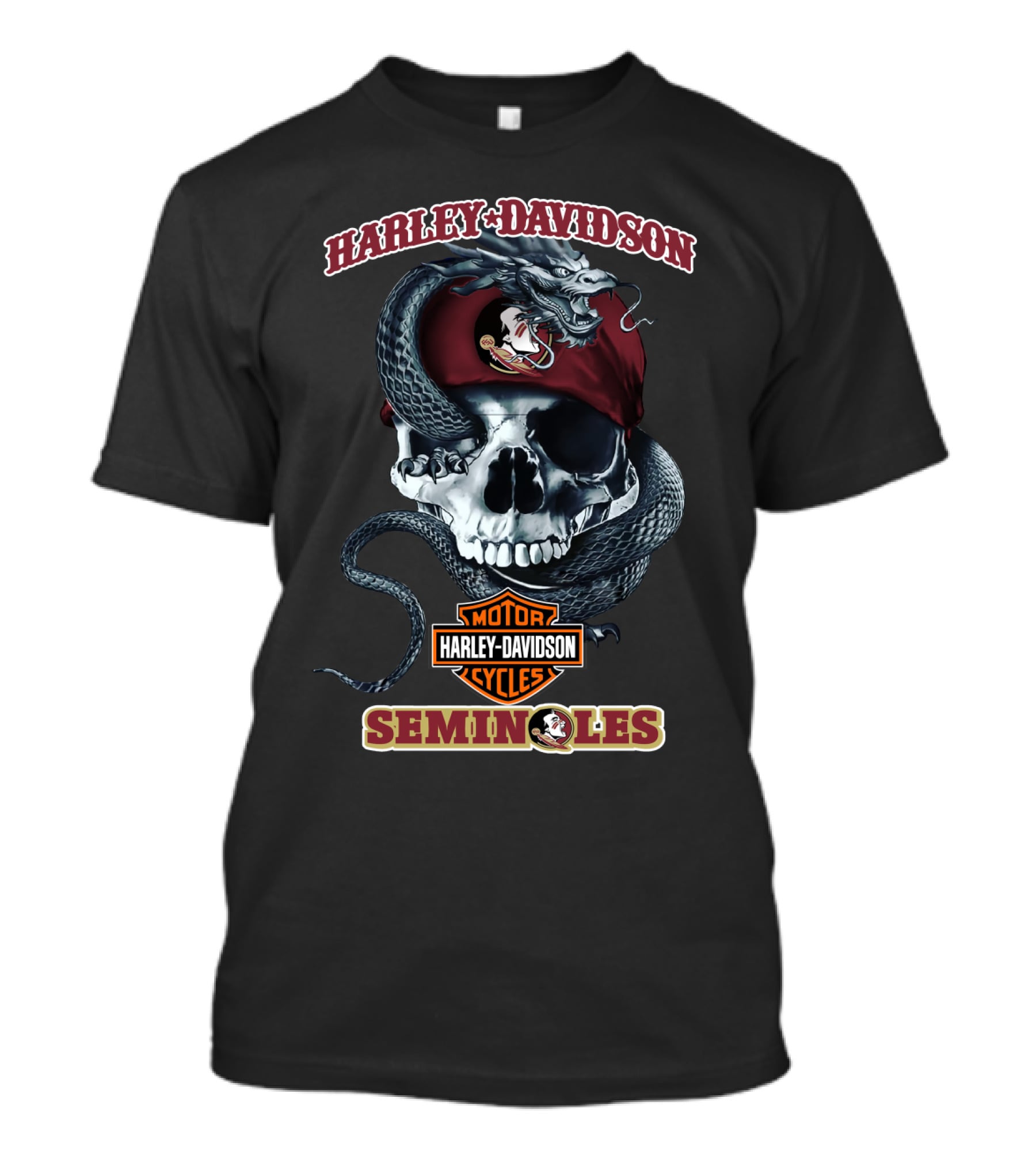 Harley Davidson Motor Cycles Florida State Seminoles Skulls And Snakes T-Shirt