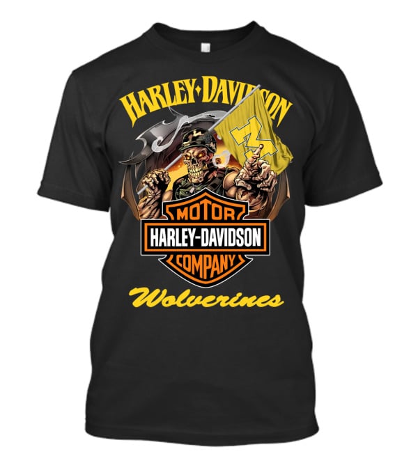 Harley Davidson Motor Company Michigan Wolverines 69 Flag Skeleton T-Shirt