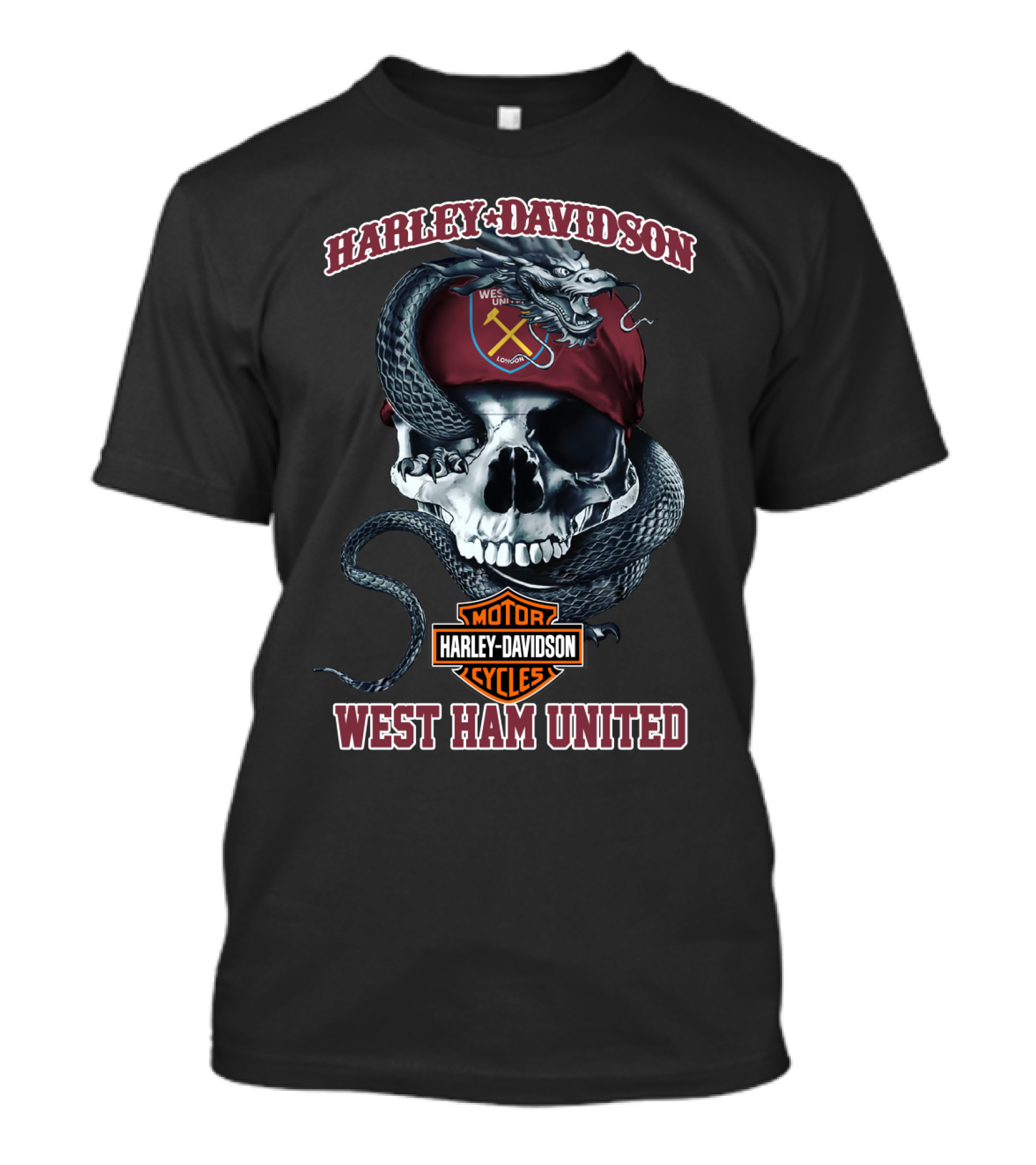 Harley Davidson West Ham United Motor Cycles Skull And Snake T-Shirt